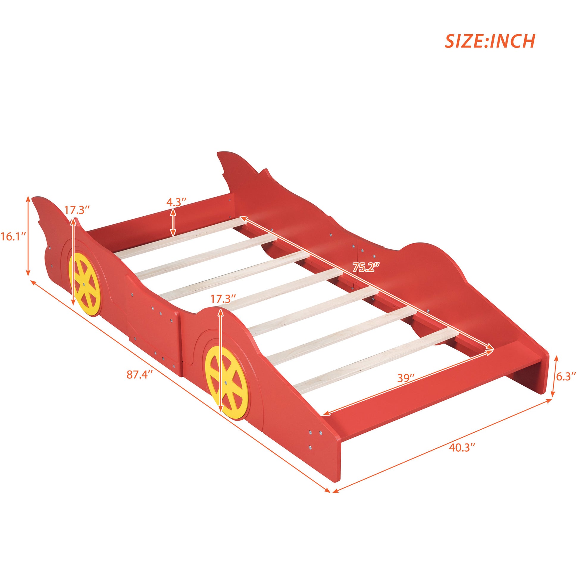 Twin Size Race Car Shaped Platform Bed With Wheels,Red Red Plywood