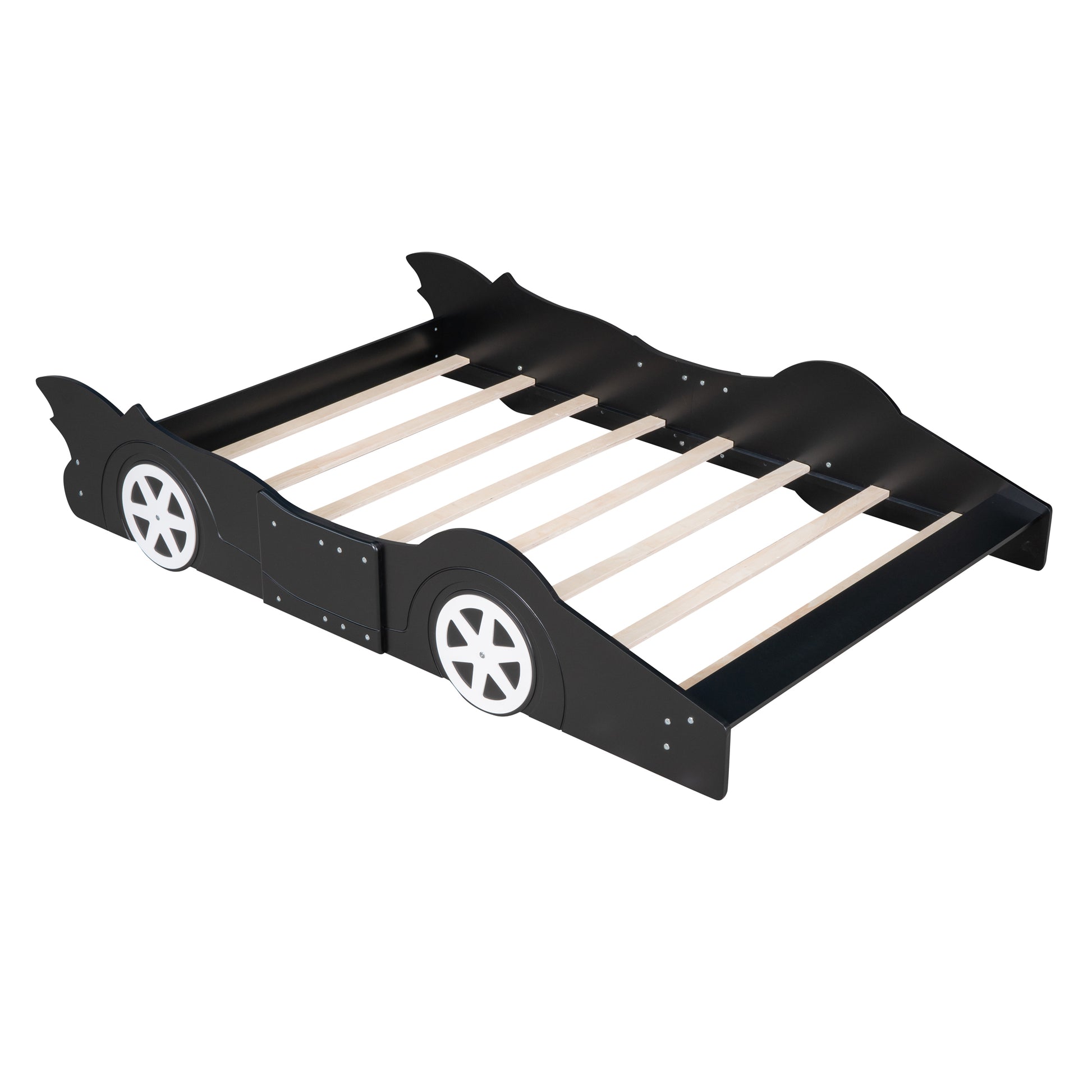 Full Size Race Car Shaped Platform Bed With Wheels,Black Black Plywood