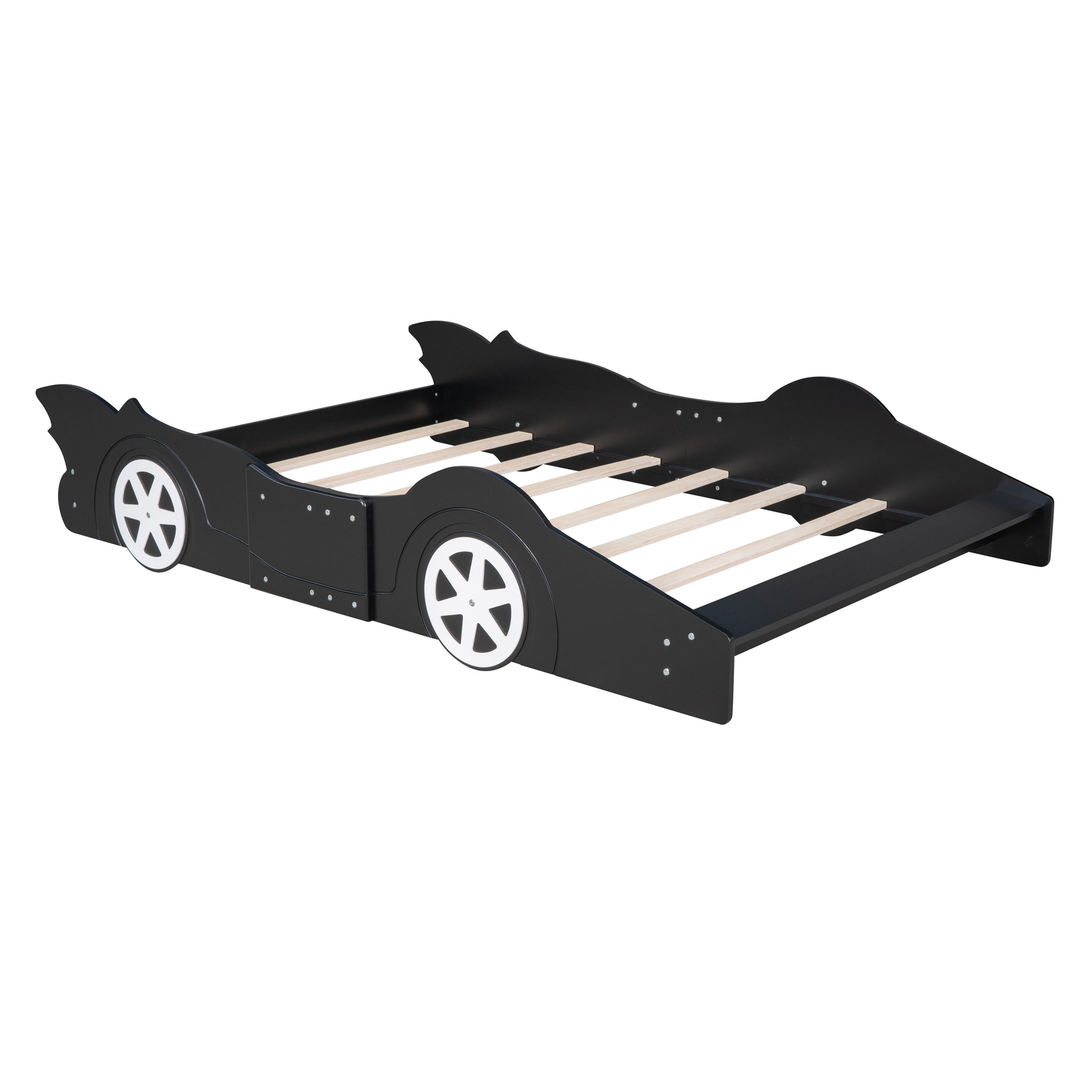 Full Size Race Car Shaped Platform Bed With Wheels,Black Black Plywood