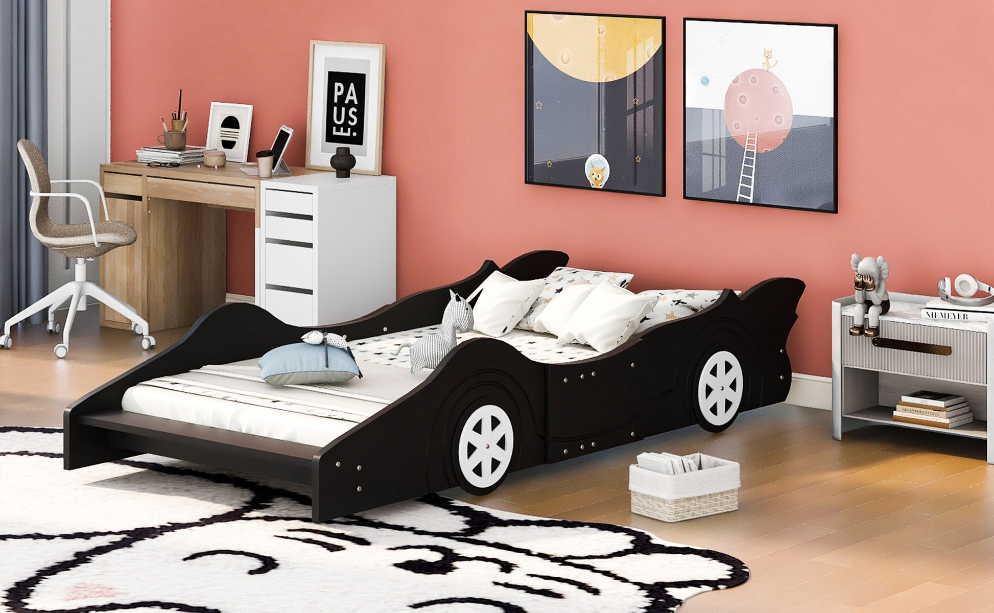 Twin Size Race Car Shaped Platform Bed With Wheels,Black Black Plywood