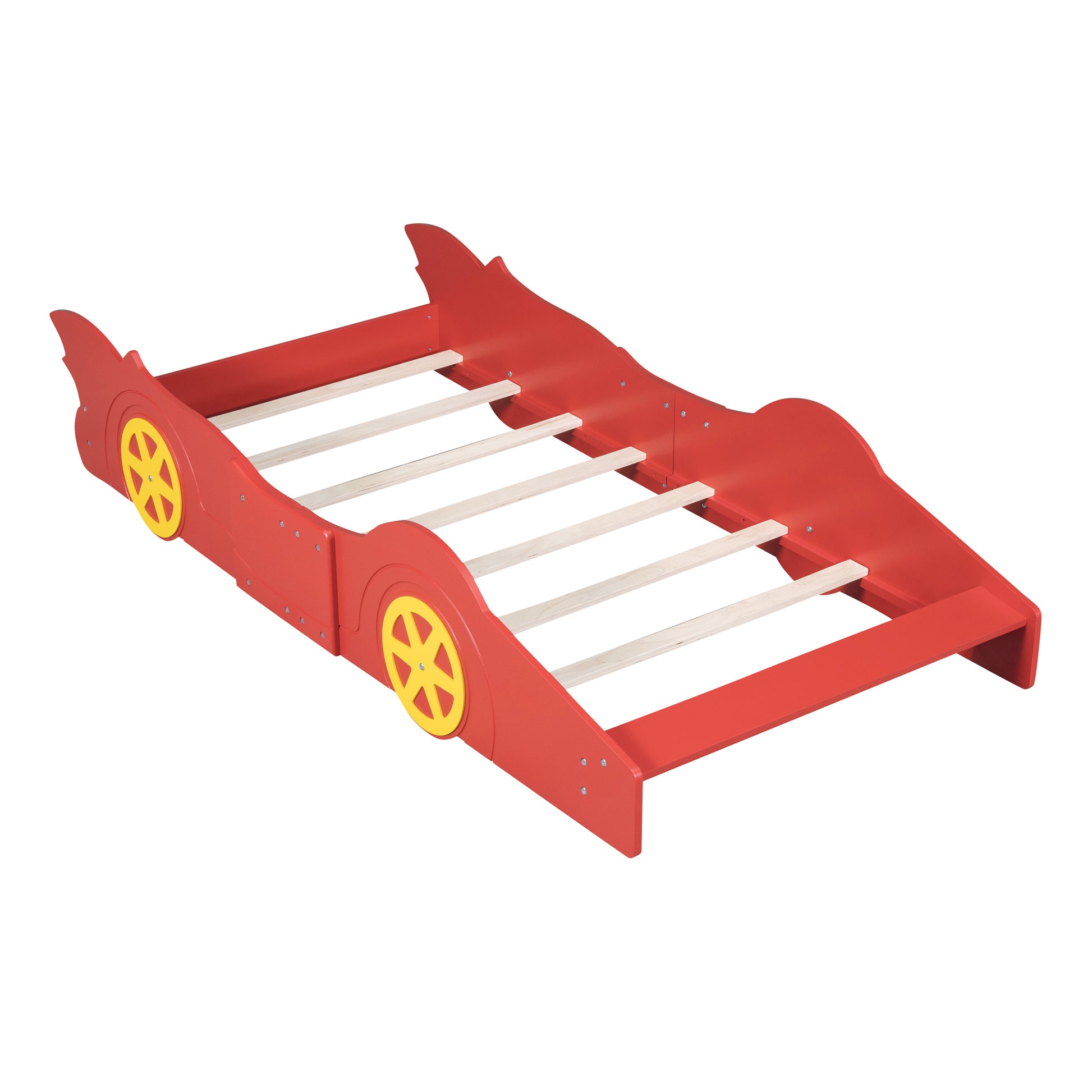 Twin Size Race Car Shaped Platform Bed With Wheels,Red Red Plywood