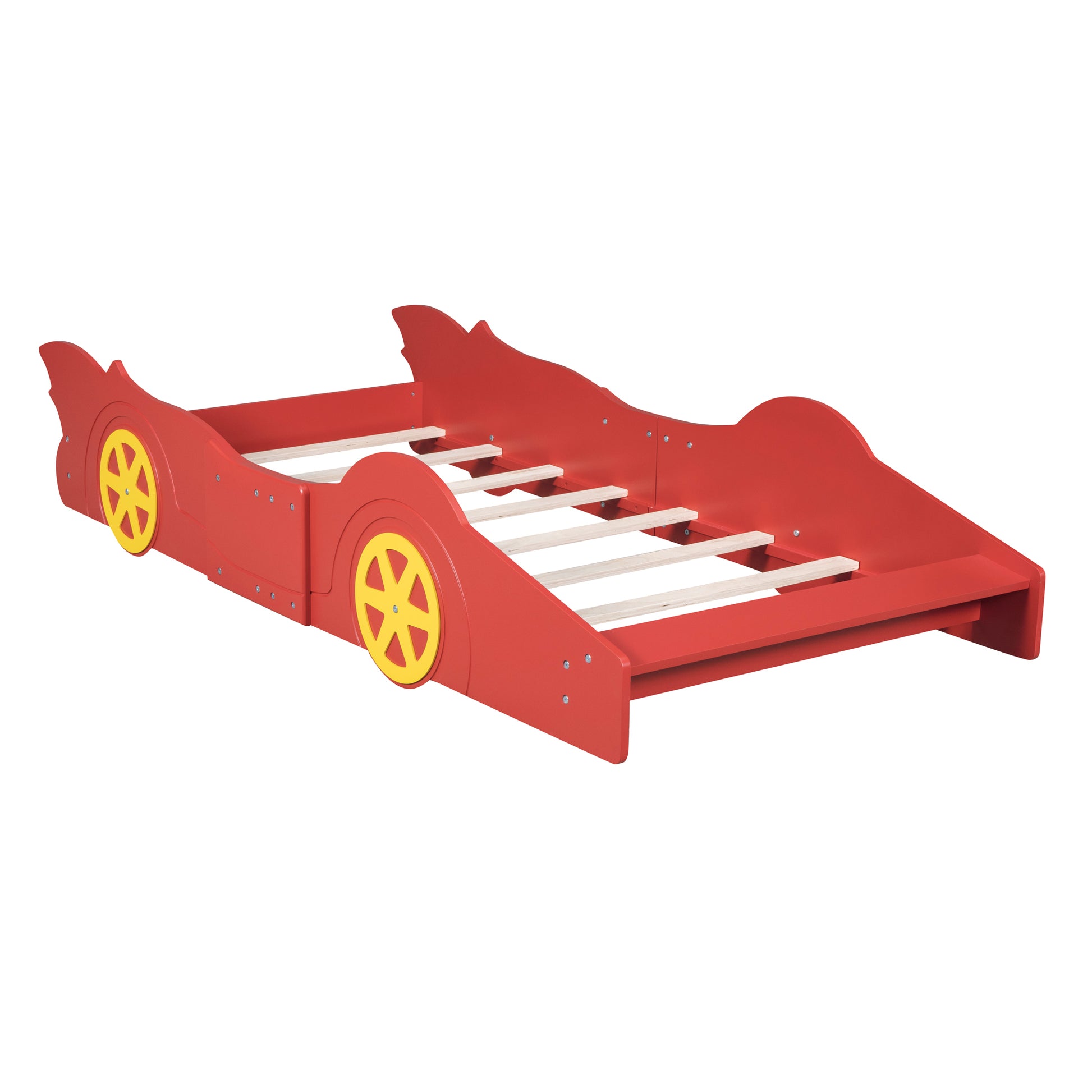 Twin Size Race Car Shaped Platform Bed With Wheels,Red Red Plywood