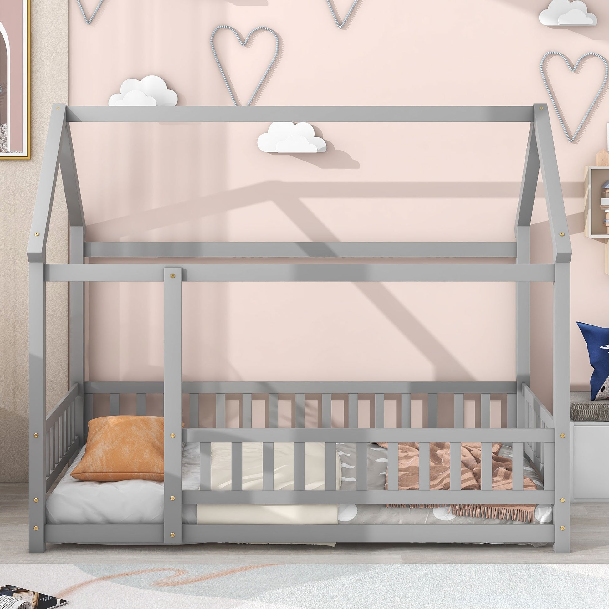 Twin Size Floor Wooden Bed With House Roof Frame, Fence Guardrails,Grey Old Sku:W50471471 Twin Grey Pine