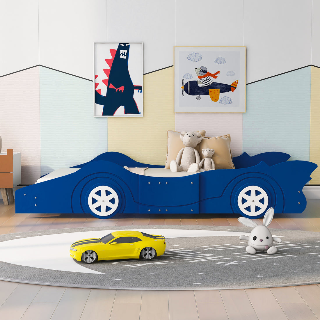 Twin Size Race Car Shaped Platform Bed With Wheels,Blue Blue Plywood