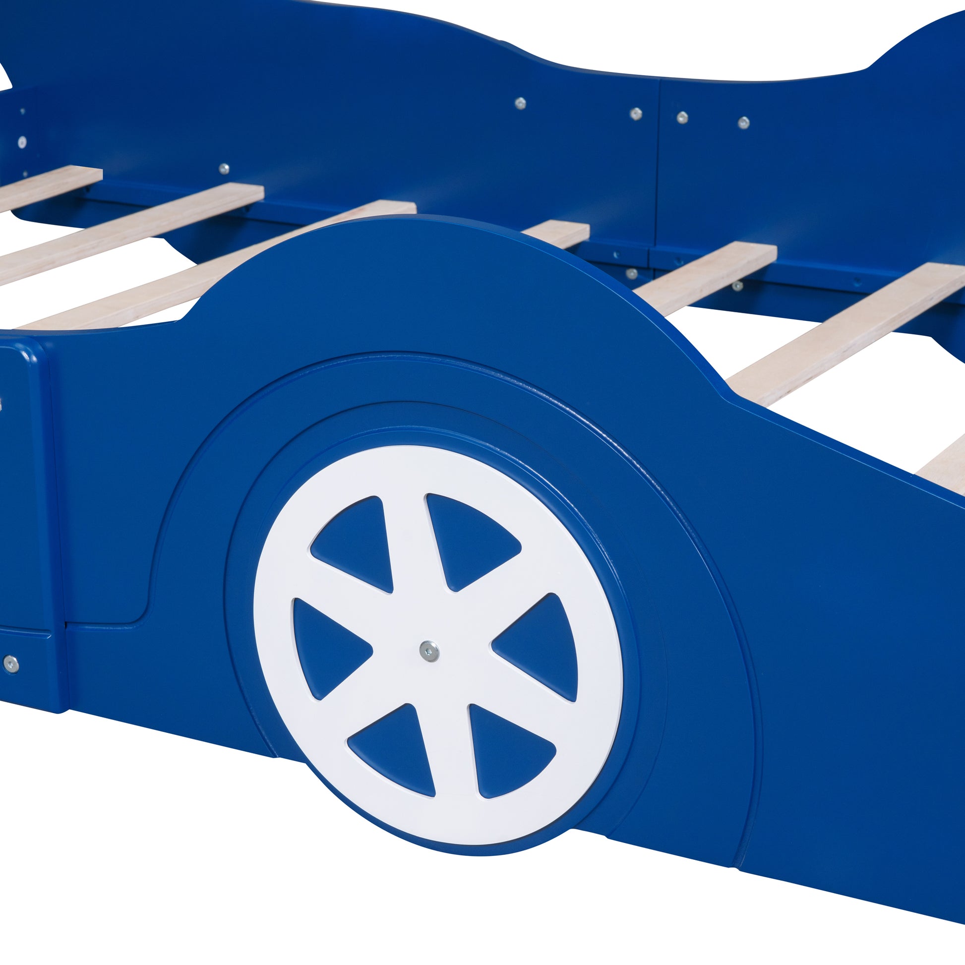 Full Size Race Car Shaped Platform Bed With Wheels,Blue Blue Plywood