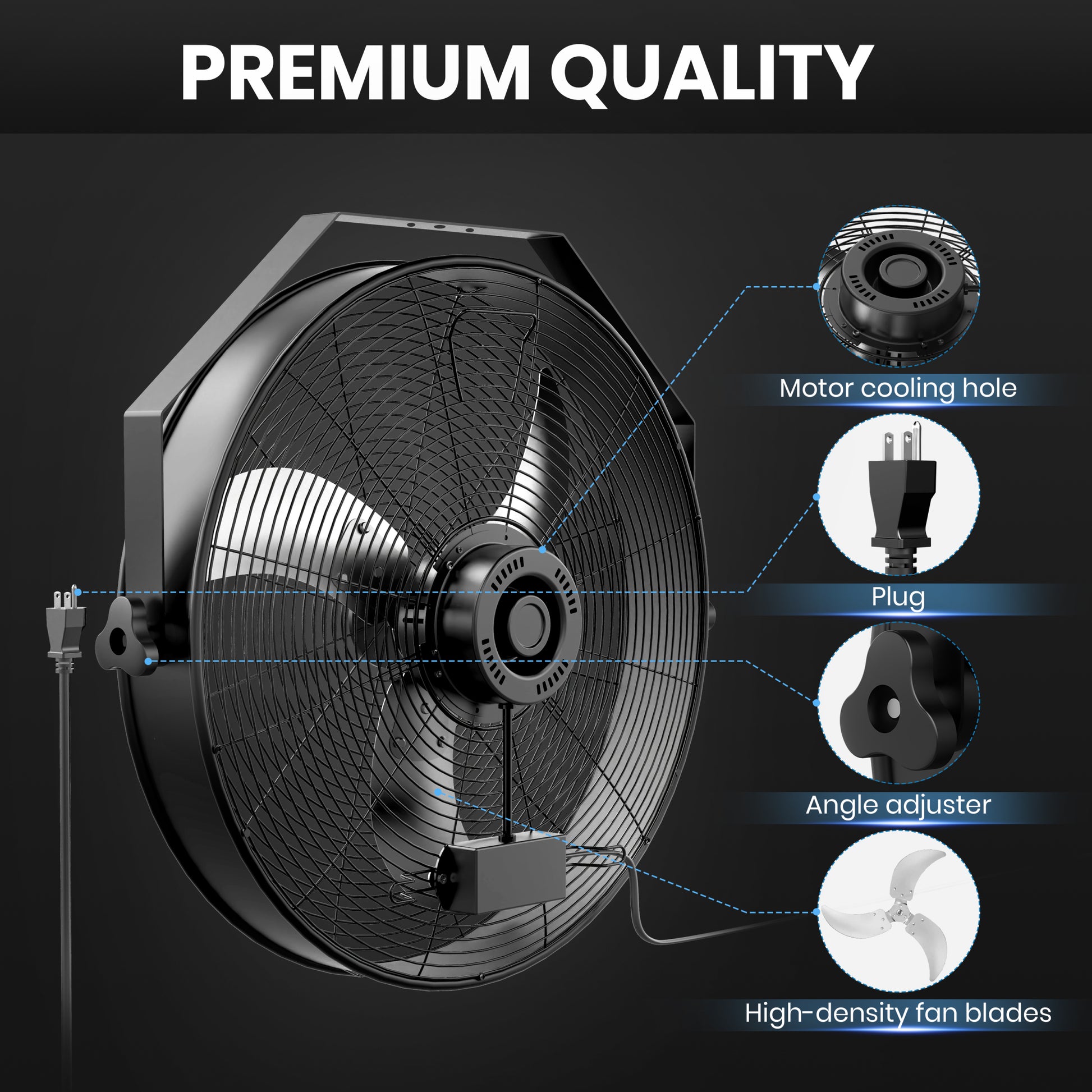 Infinipower 20 Inch High Velocity Wall Mount Fan With Rack, 3 Speed Industrial Commercial Metal Ventilation Fan Black Metal