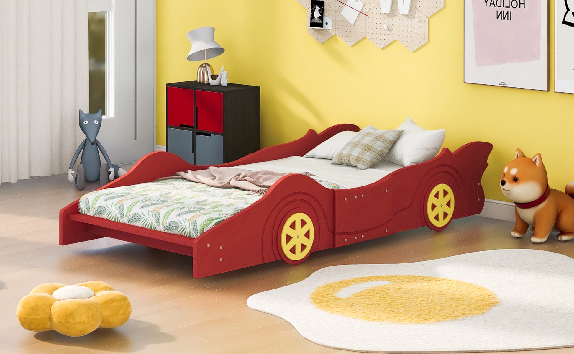 Twin Size Race Car Shaped Platform Bed With Wheels,Red Red Plywood