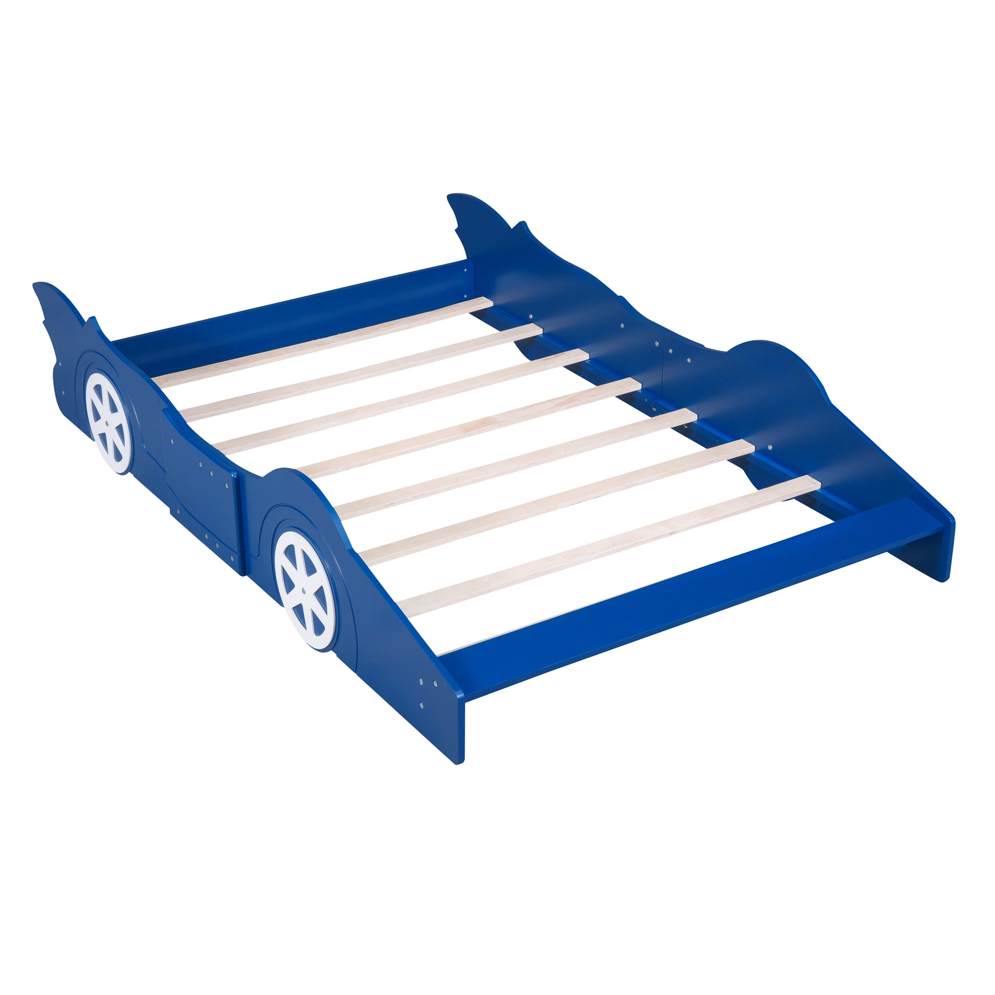 Full Size Race Car Shaped Platform Bed With Wheels,Blue Blue Plywood