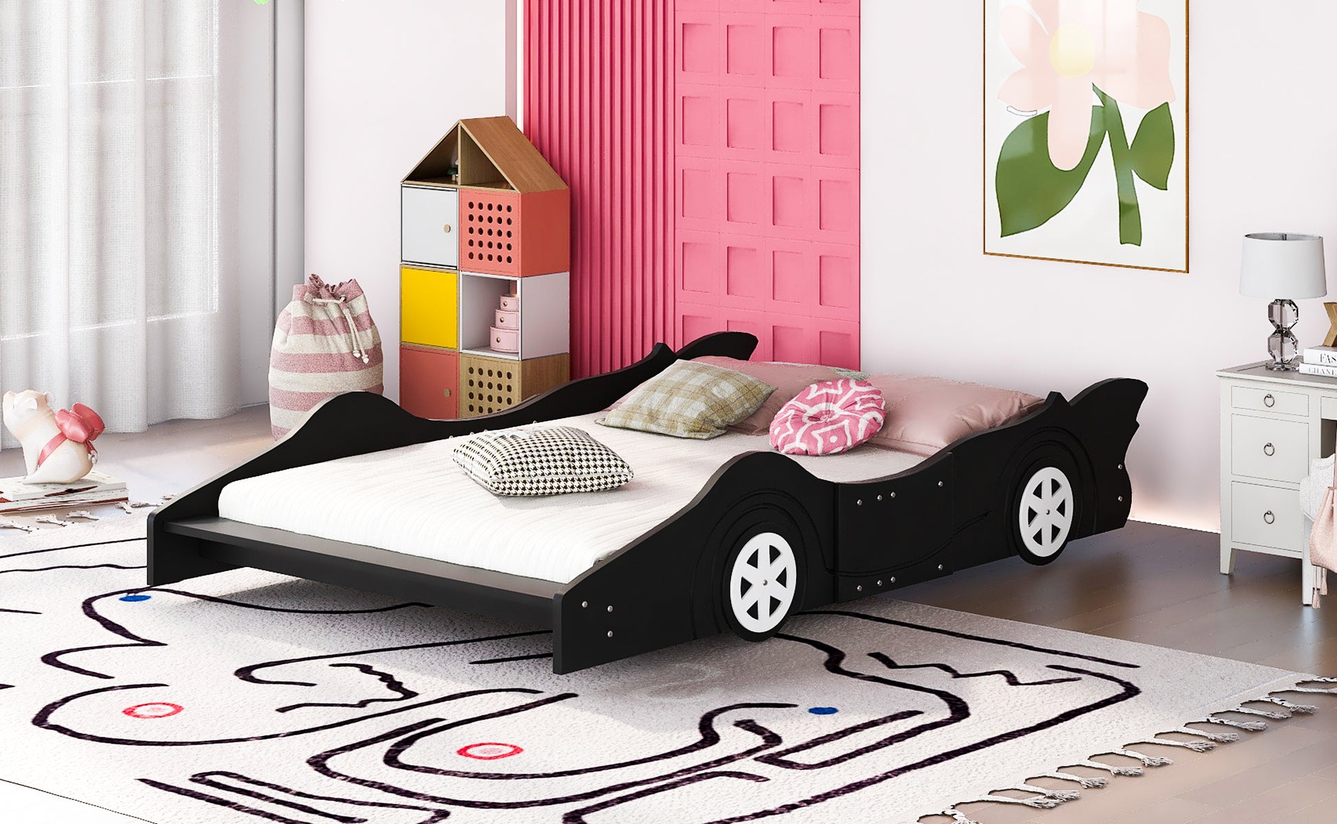 Full Size Race Car Shaped Platform Bed With Wheels,Black Black Plywood