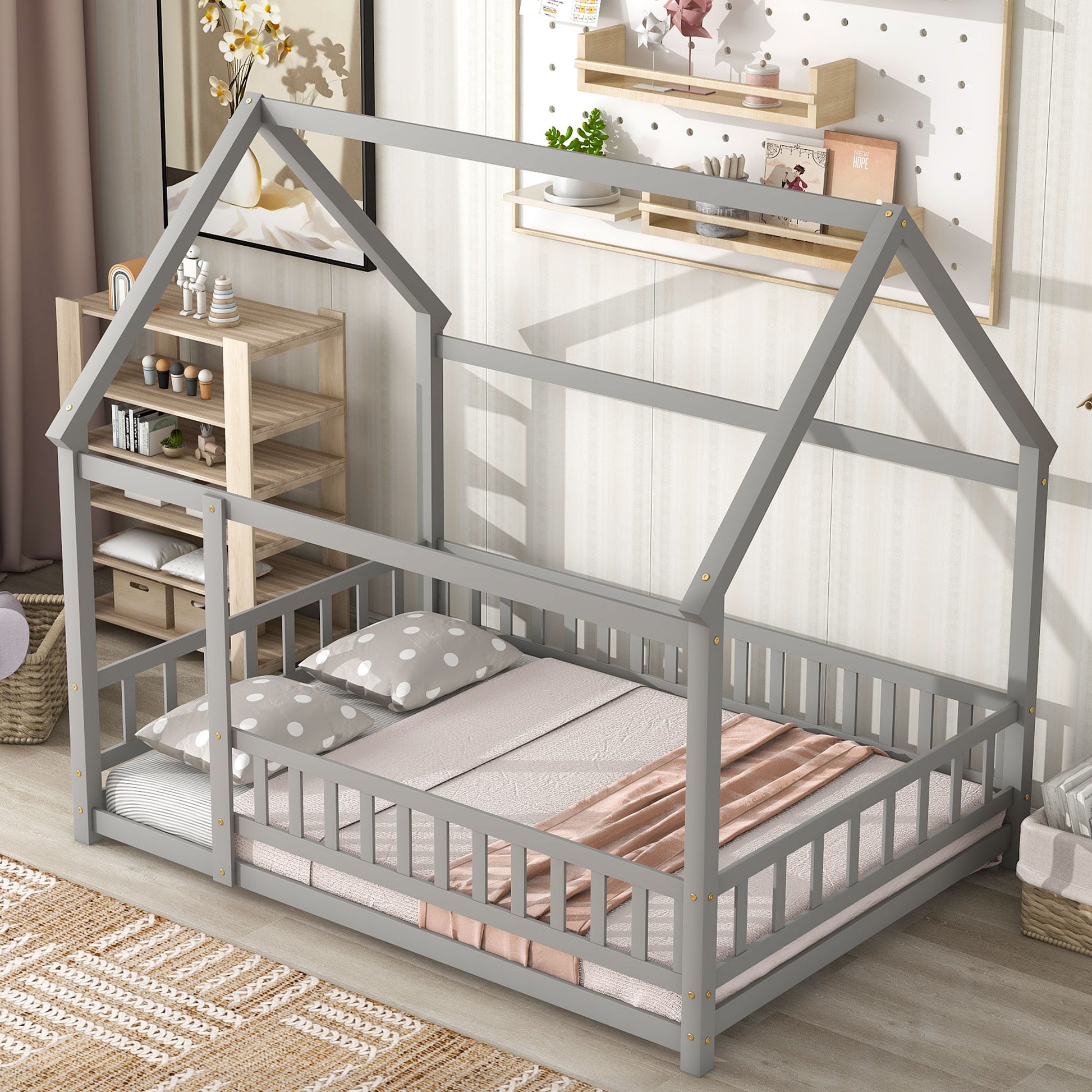 Full Size Floor Wooden Bed With House Roof Frame, Fence Guardrails ,Grey Old Sku:W50471474 Full Grey Pine