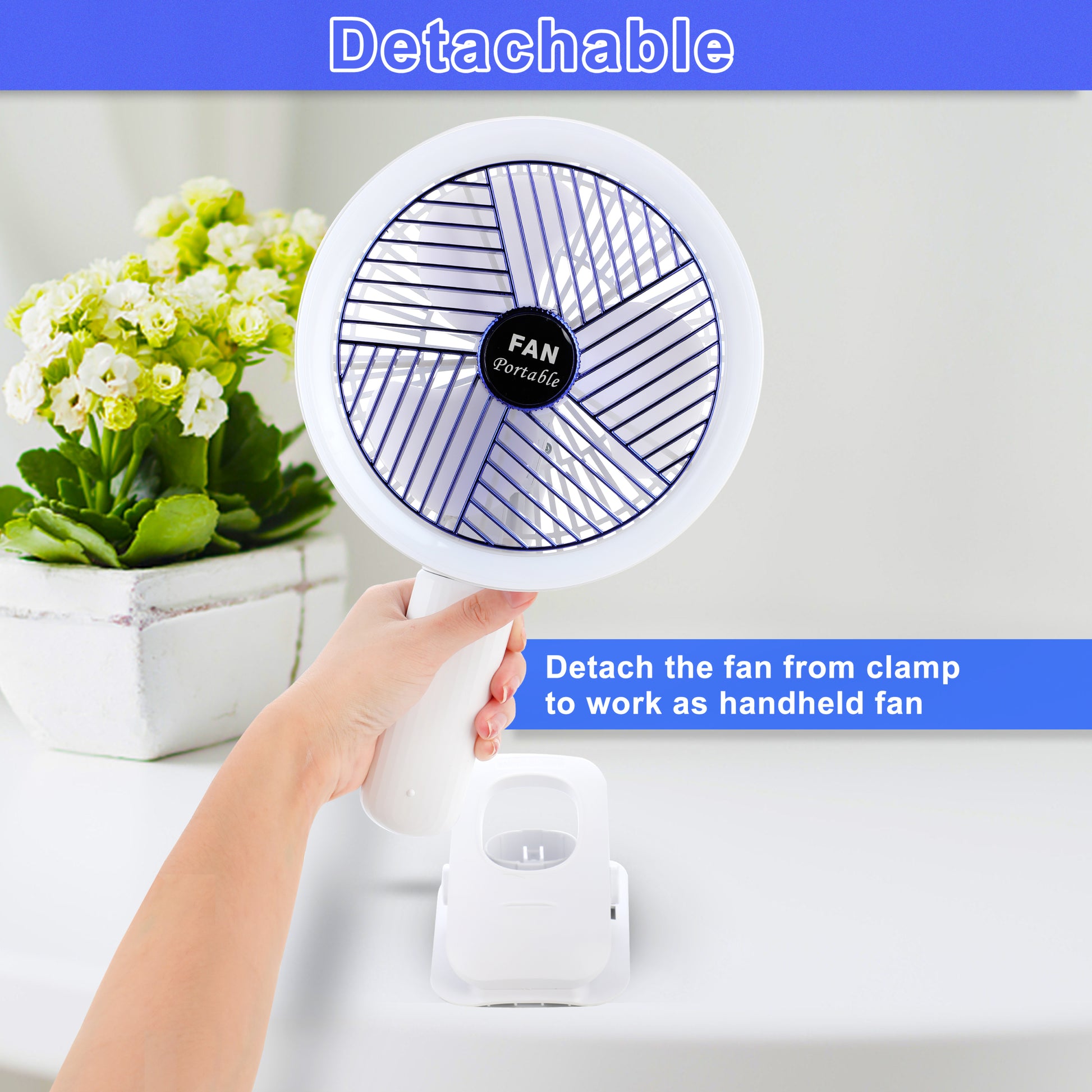 Clip On Fan With Led Lamp, Rechargeable Desk Fan, 4 Speed 360 Rotating Detachable Clamp Fan, Battery Powered Usb Camping Fan Portable For Cart Rv Car Travel Camping Tent Workout Treadmill Bed Desk White Plastic