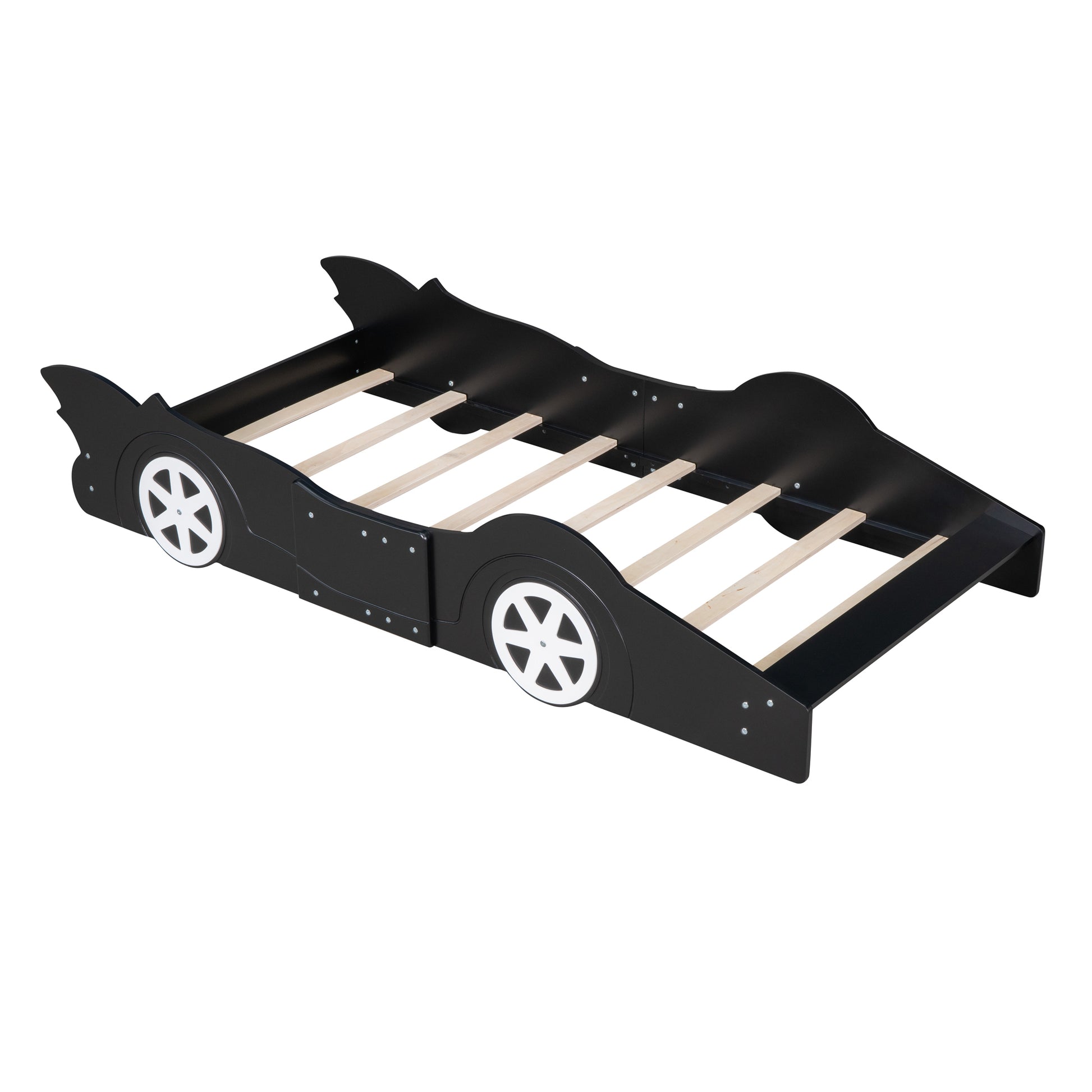 Twin Size Race Car Shaped Platform Bed With Wheels,Black Black Plywood