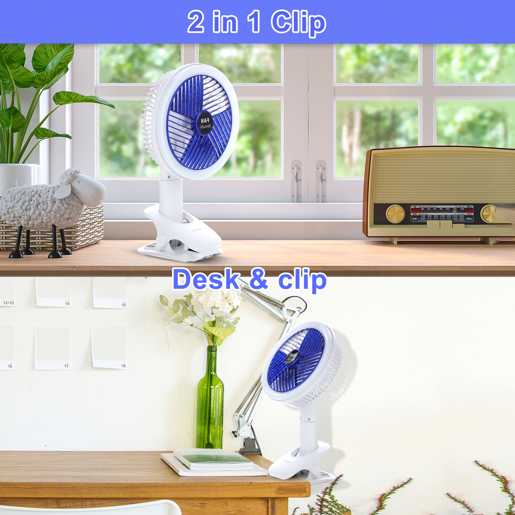 Clip On Fan With Led Lamp, Rechargeable Desk Fan, 4 Speed 360 Rotating Detachable Clamp Fan, Battery Powered Usb Camping Fan Portable For Cart Rv Car Travel Camping Tent Workout Treadmill Bed Desk White Plastic