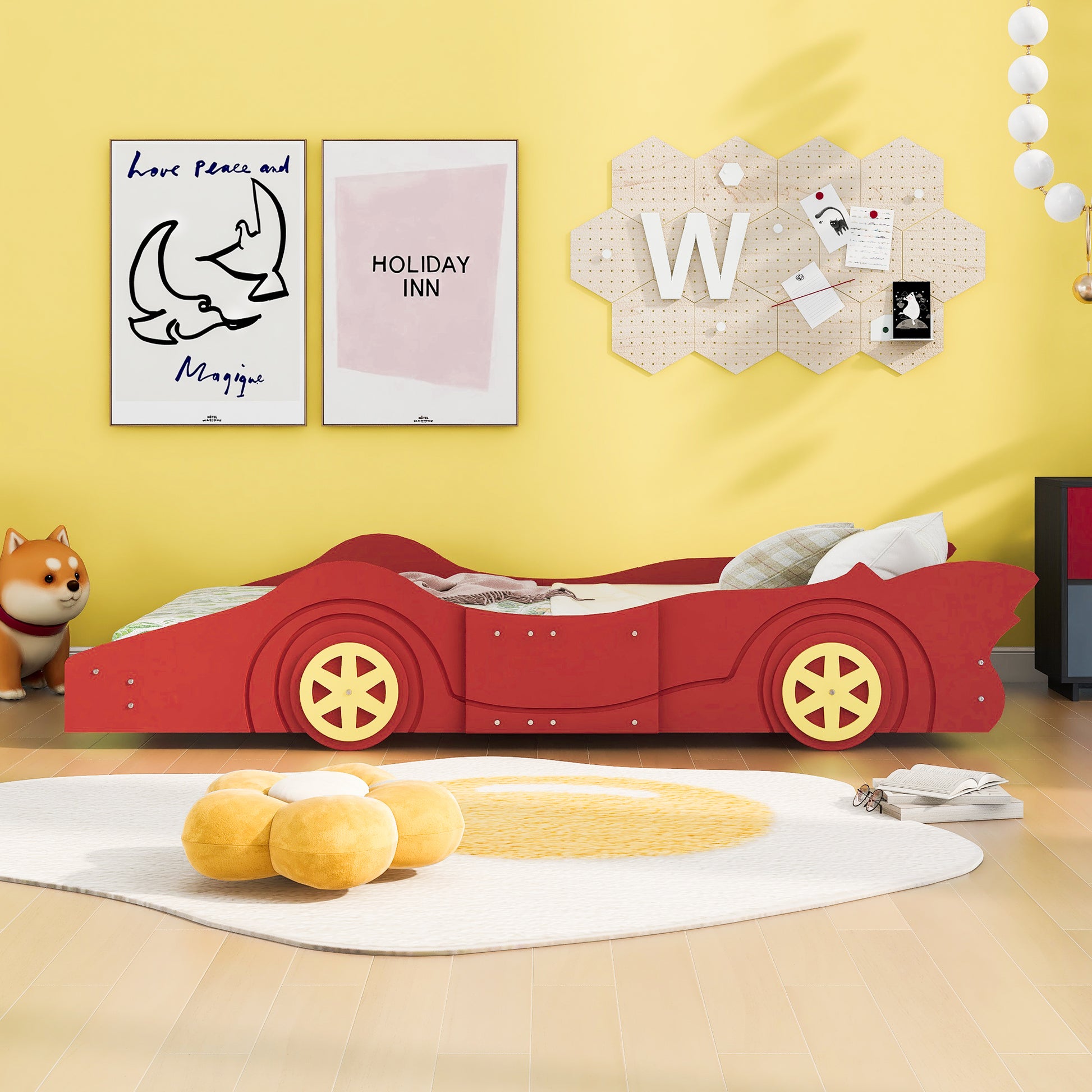 Twin Size Race Car Shaped Platform Bed With Wheels,Red Red Plywood