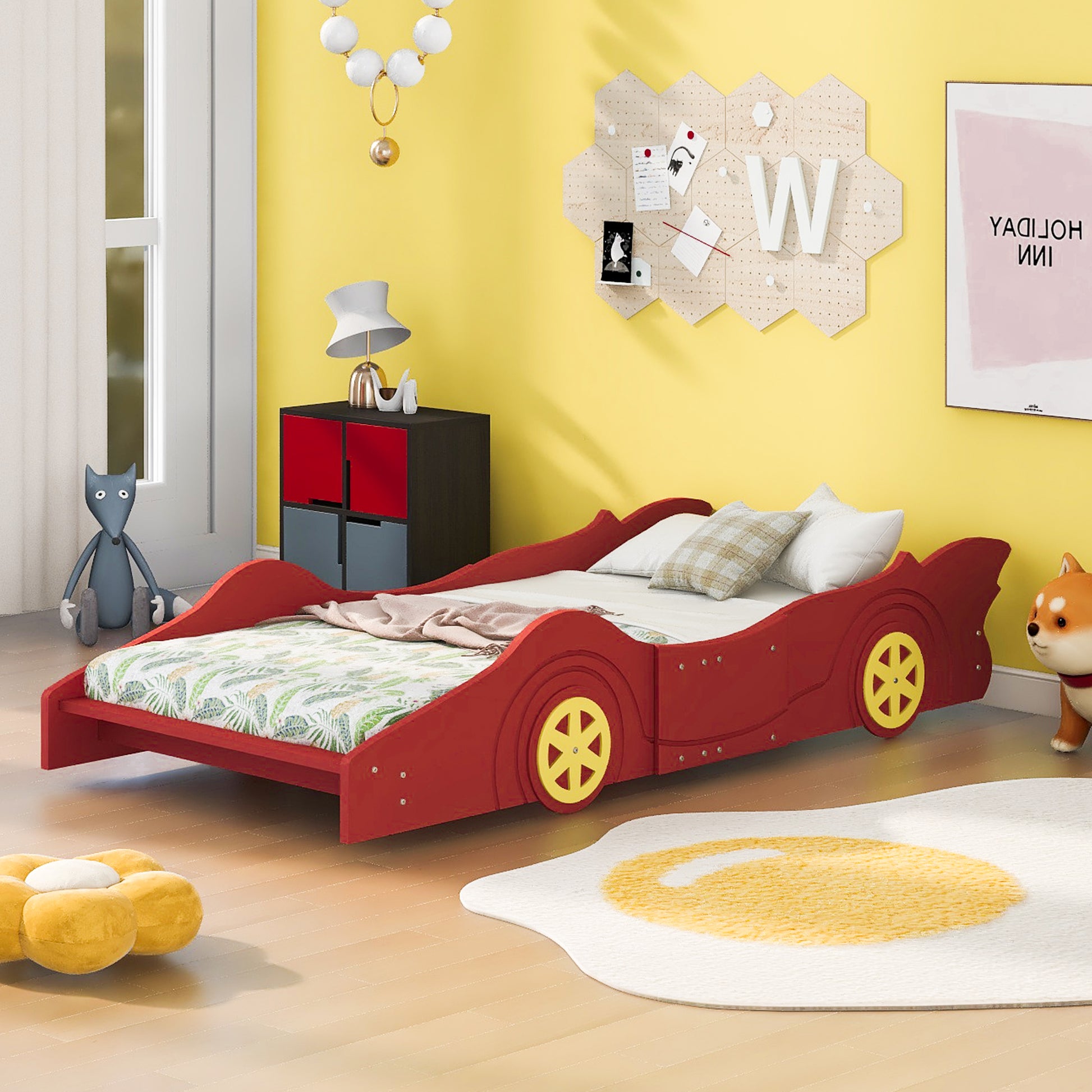 Twin Size Race Car Shaped Platform Bed With Wheels,Red Red Plywood