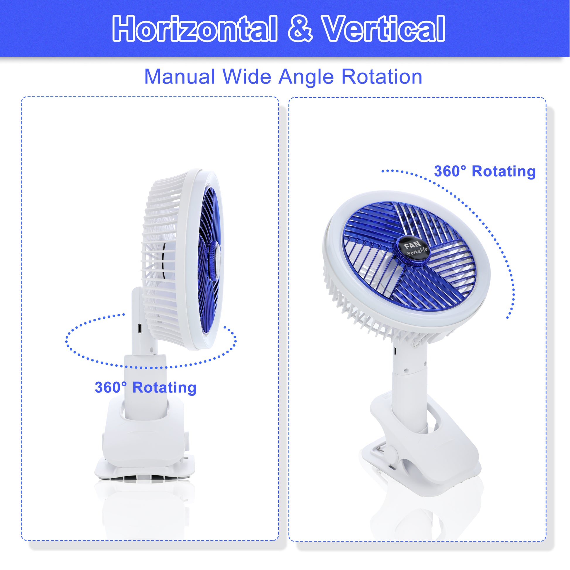 Clip On Fan With Led Lamp, Rechargeable Desk Fan, 4 Speed 360 Rotating Detachable Clamp Fan, Battery Powered Usb Camping Fan Portable For Cart Rv Car Travel Camping Tent Workout Treadmill Bed Desk White Plastic