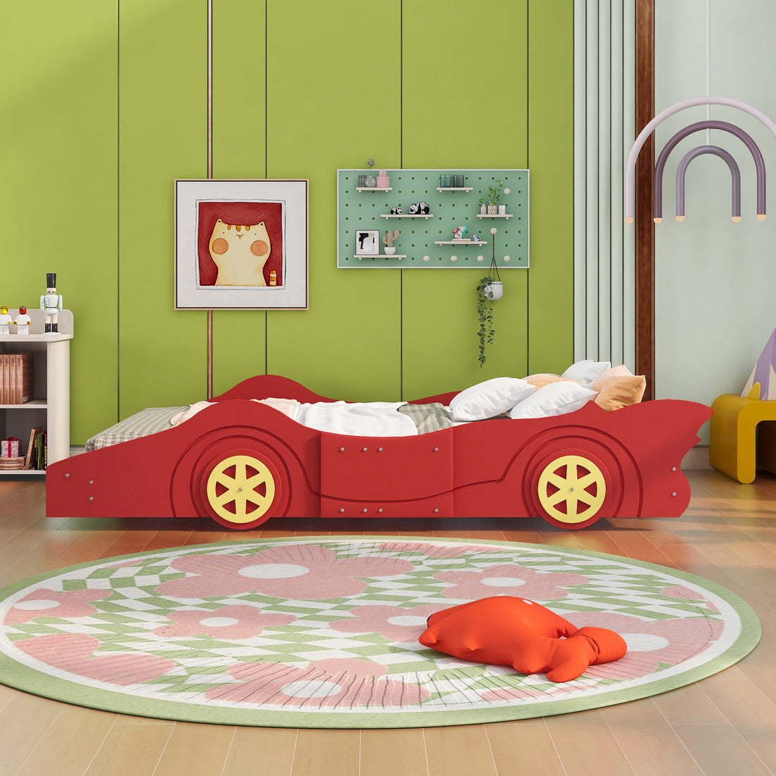 Full Size Race Car Shaped Platform Bed With Wheels,Red Red Plywood