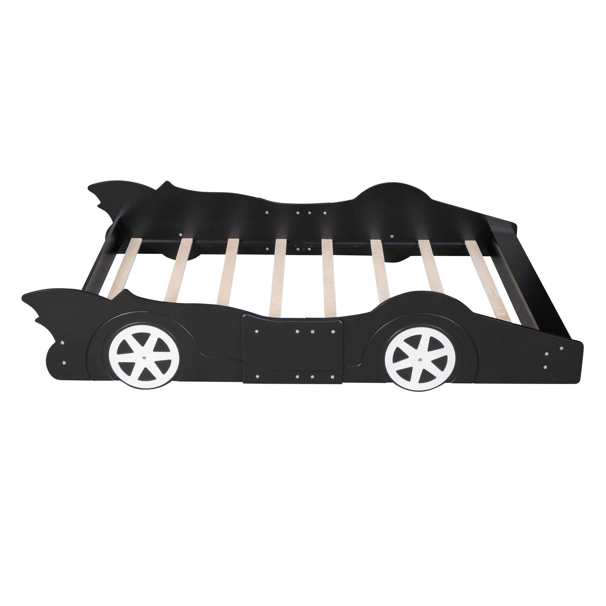 Full Size Race Car Shaped Platform Bed With Wheels,Black Black Plywood