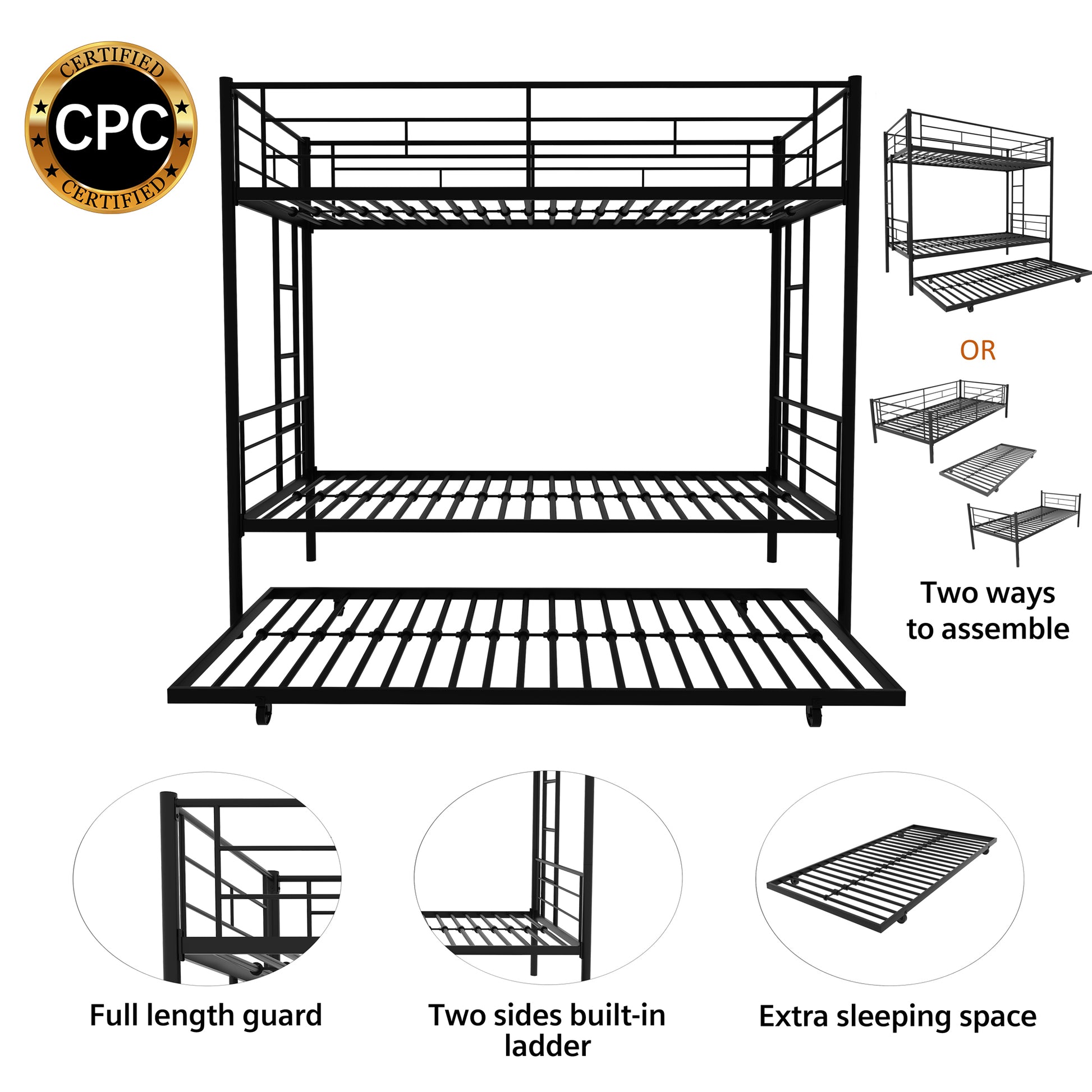 Twin Over Twin Metal Bunk Bed Frame With Trundle Upgrade Reinforcement Version Black Metal