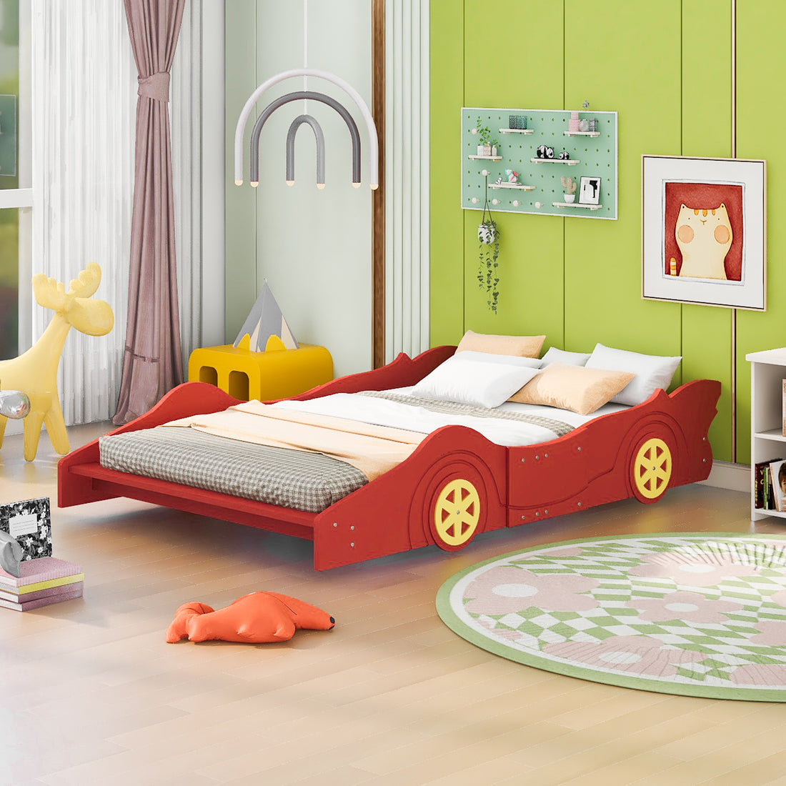 Full Size Race Car Shaped Platform Bed With Wheels,Red Red Plywood