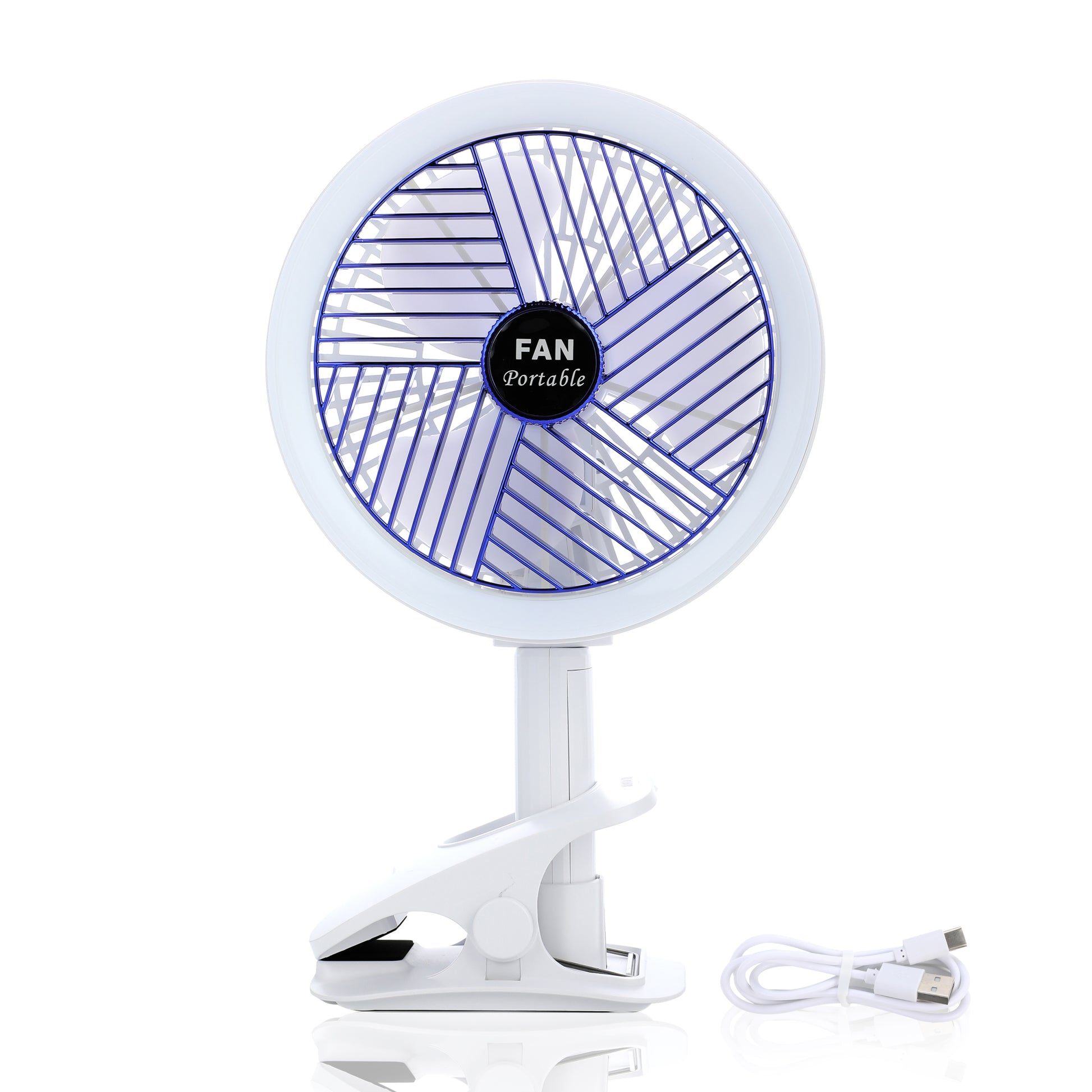 Clip On Fan With Led Lamp, Rechargeable Desk Fan, 4 Speed 360 Rotating Detachable Clamp Fan, Battery Powered Usb Camping Fan Portable For Cart Rv Car Travel Camping Tent Workout Treadmill Bed Desk White Plastic