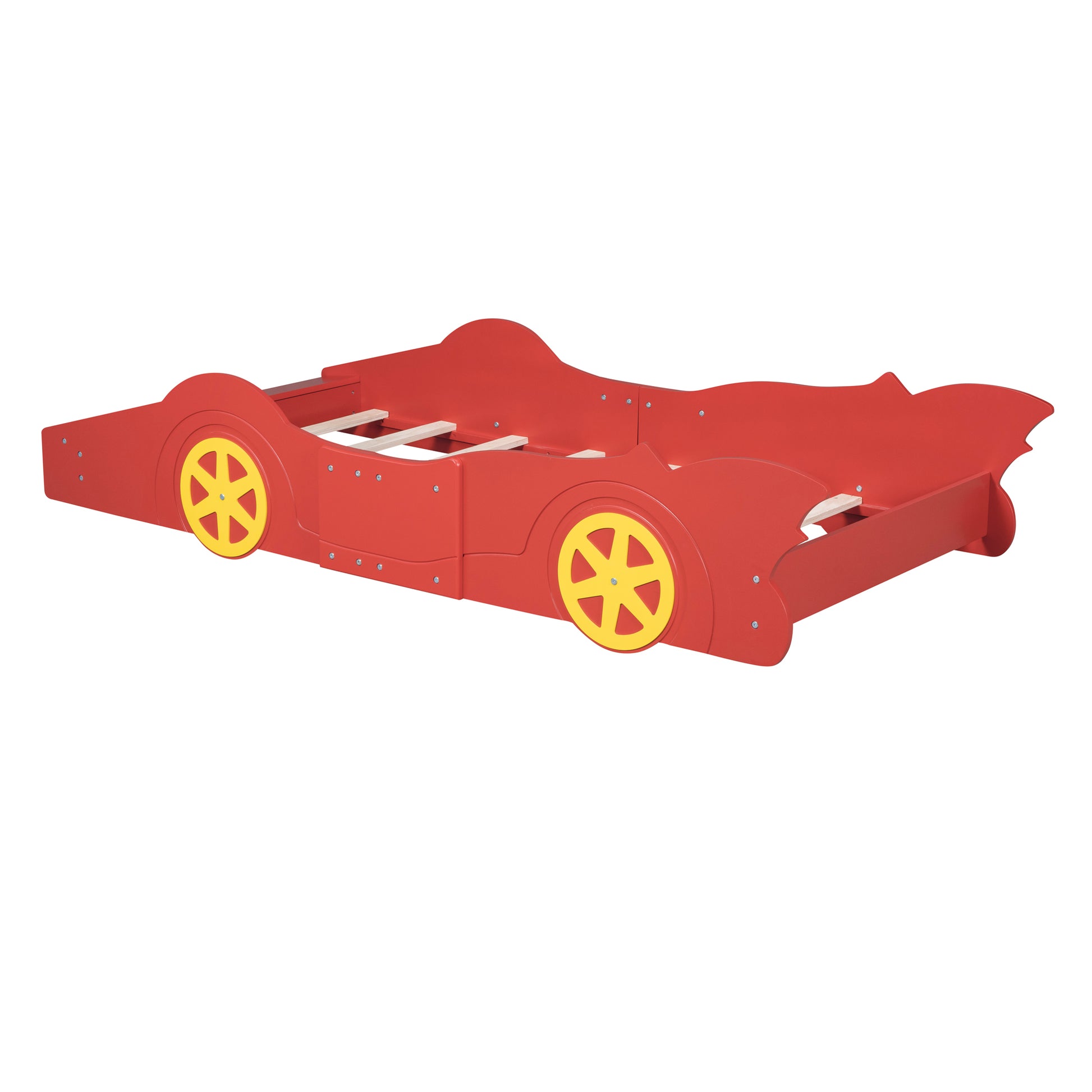 Twin Size Race Car Shaped Platform Bed With Wheels,Red Red Plywood