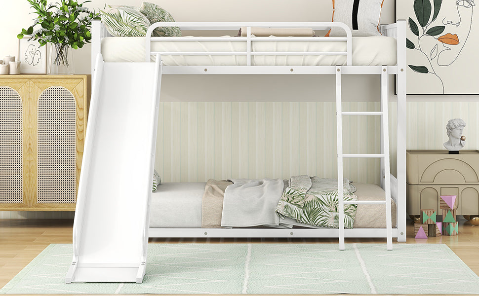 Metal Bunk Bed With Slide, Twin Over Twin, White Box Spring Not Required White Metal Bedroom Metal