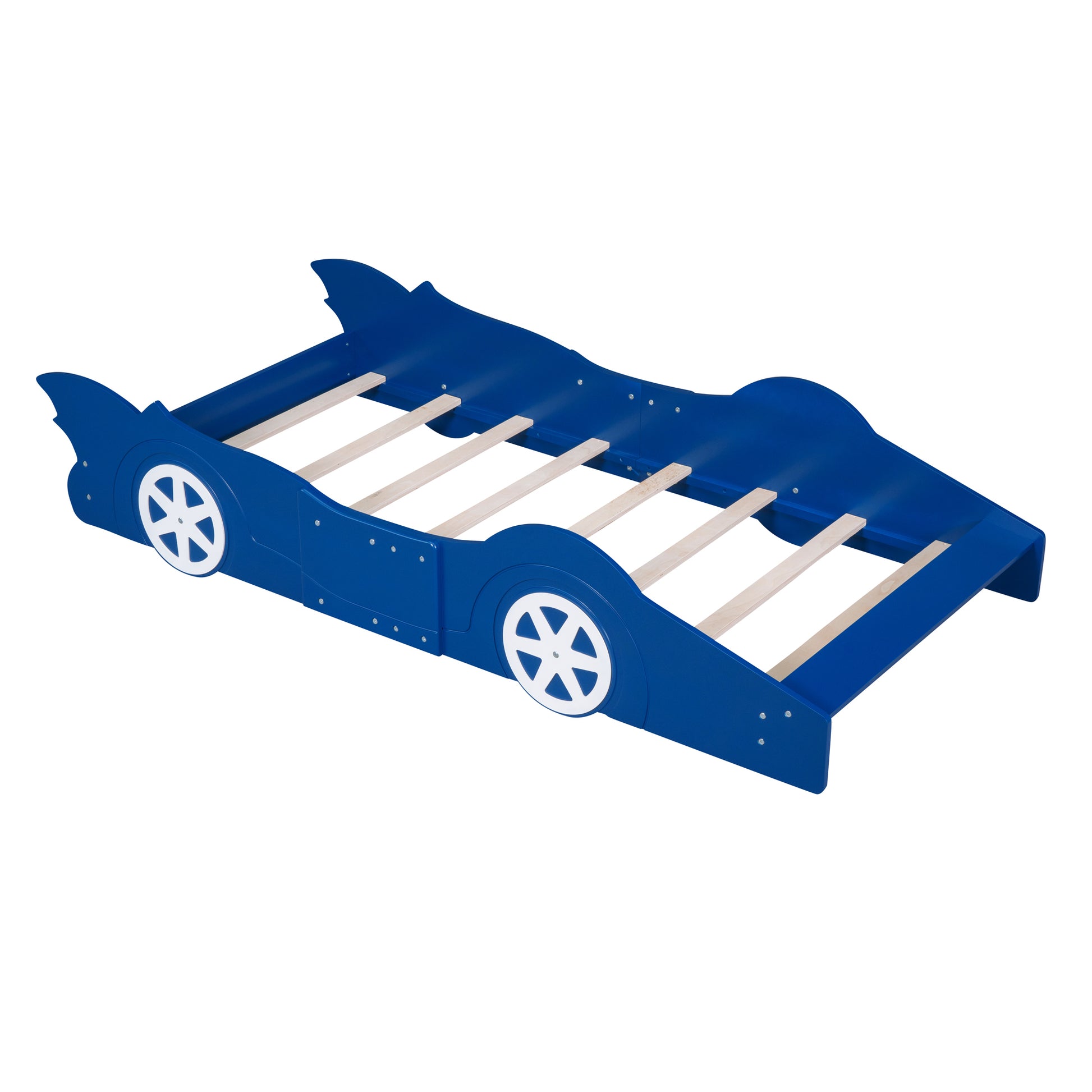 Twin Size Race Car Shaped Platform Bed With Wheels,Blue Blue Plywood