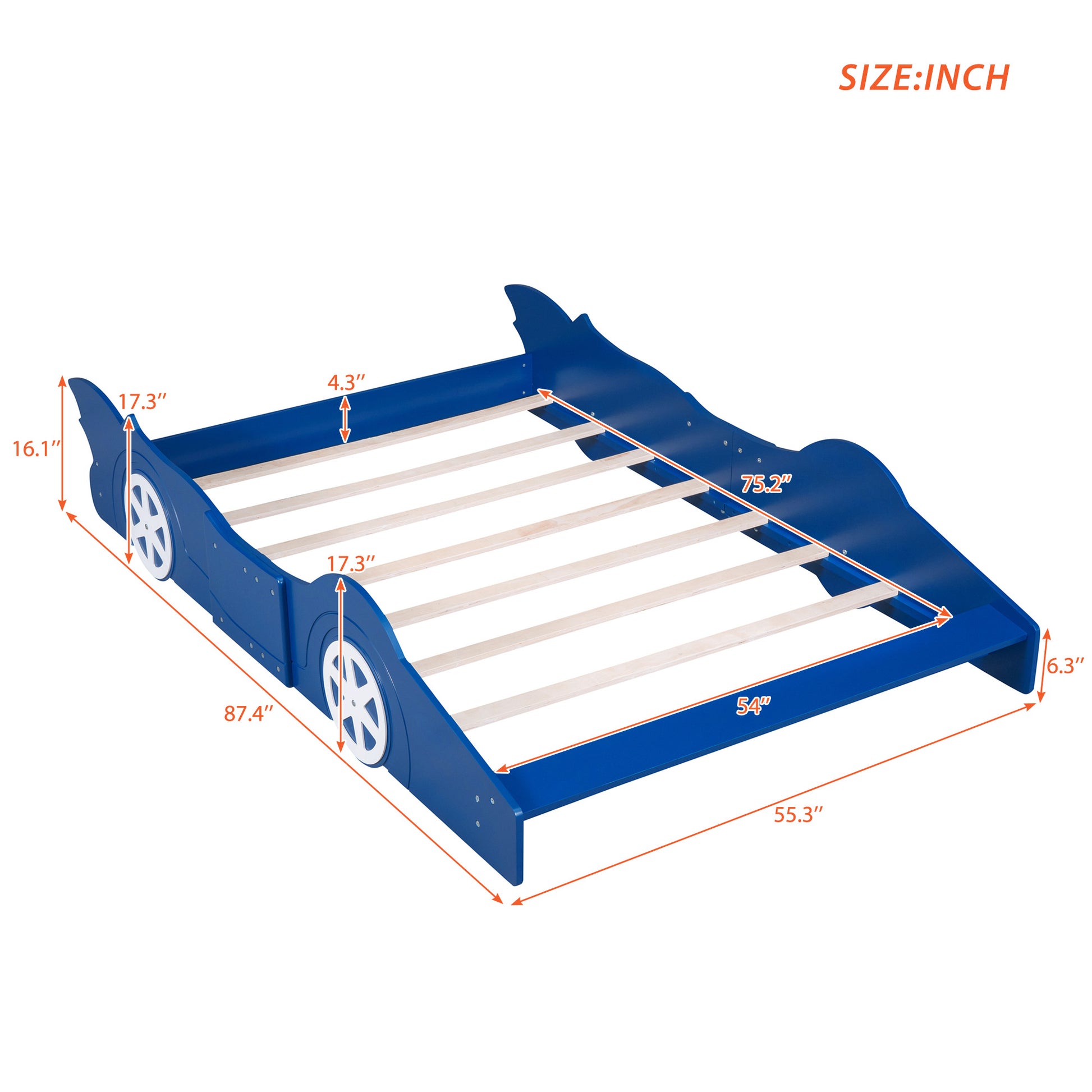 Full Size Race Car Shaped Platform Bed With Wheels,Blue Blue Plywood