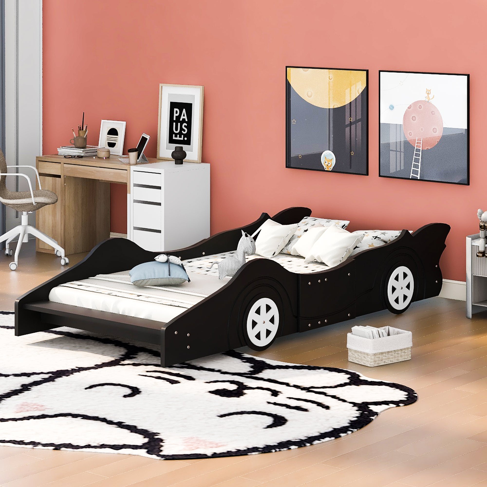 Twin Size Race Car Shaped Platform Bed With Wheels,Black Black Plywood