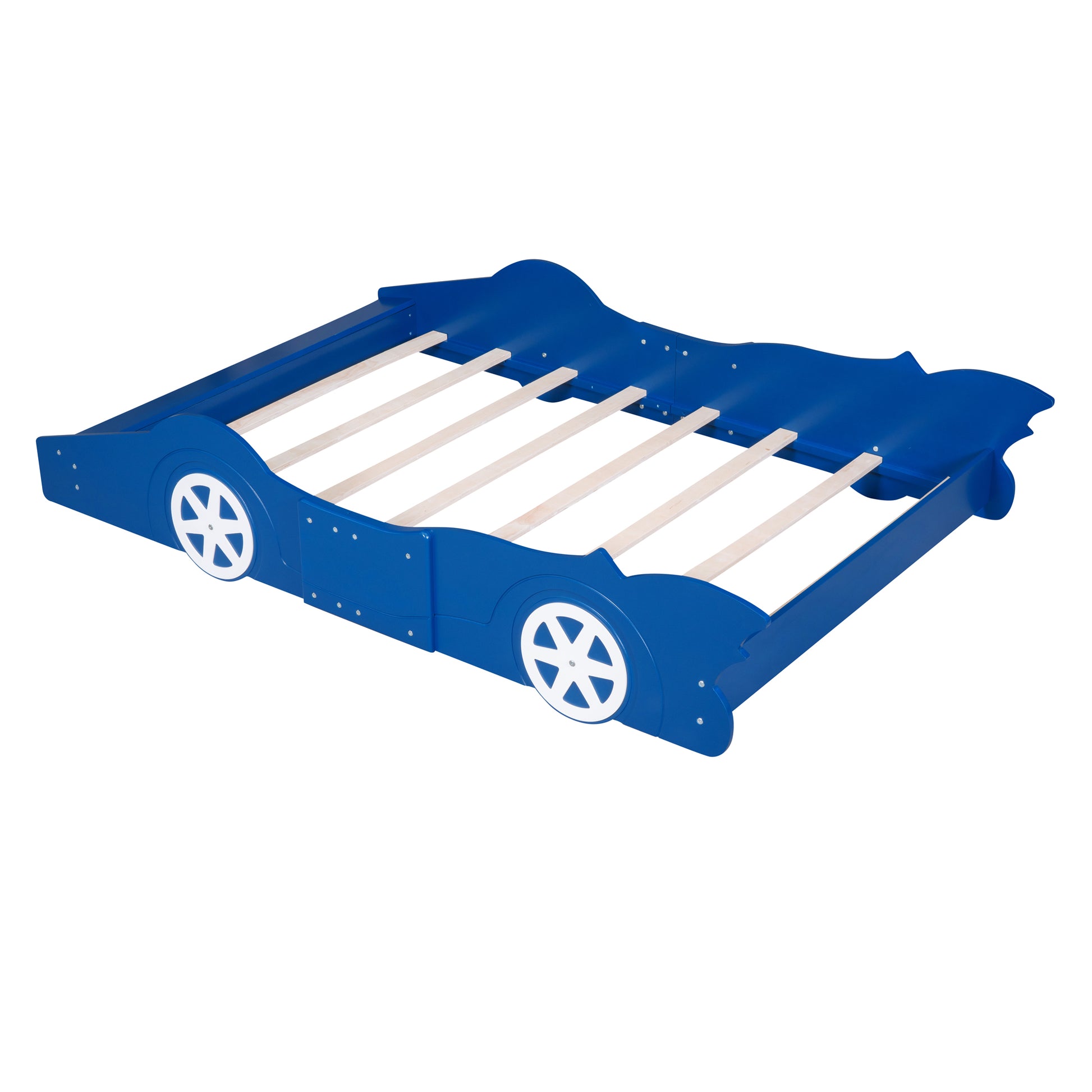 Full Size Race Car Shaped Platform Bed With Wheels,Blue Blue Plywood