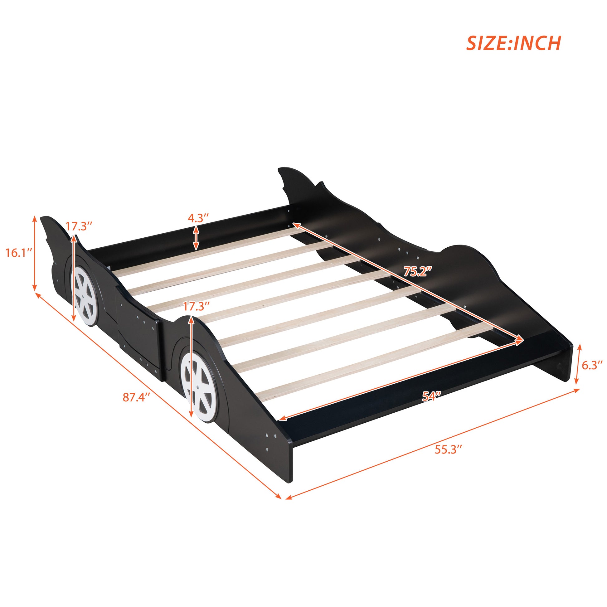 Full Size Race Car Shaped Platform Bed With Wheels,Black Black Plywood