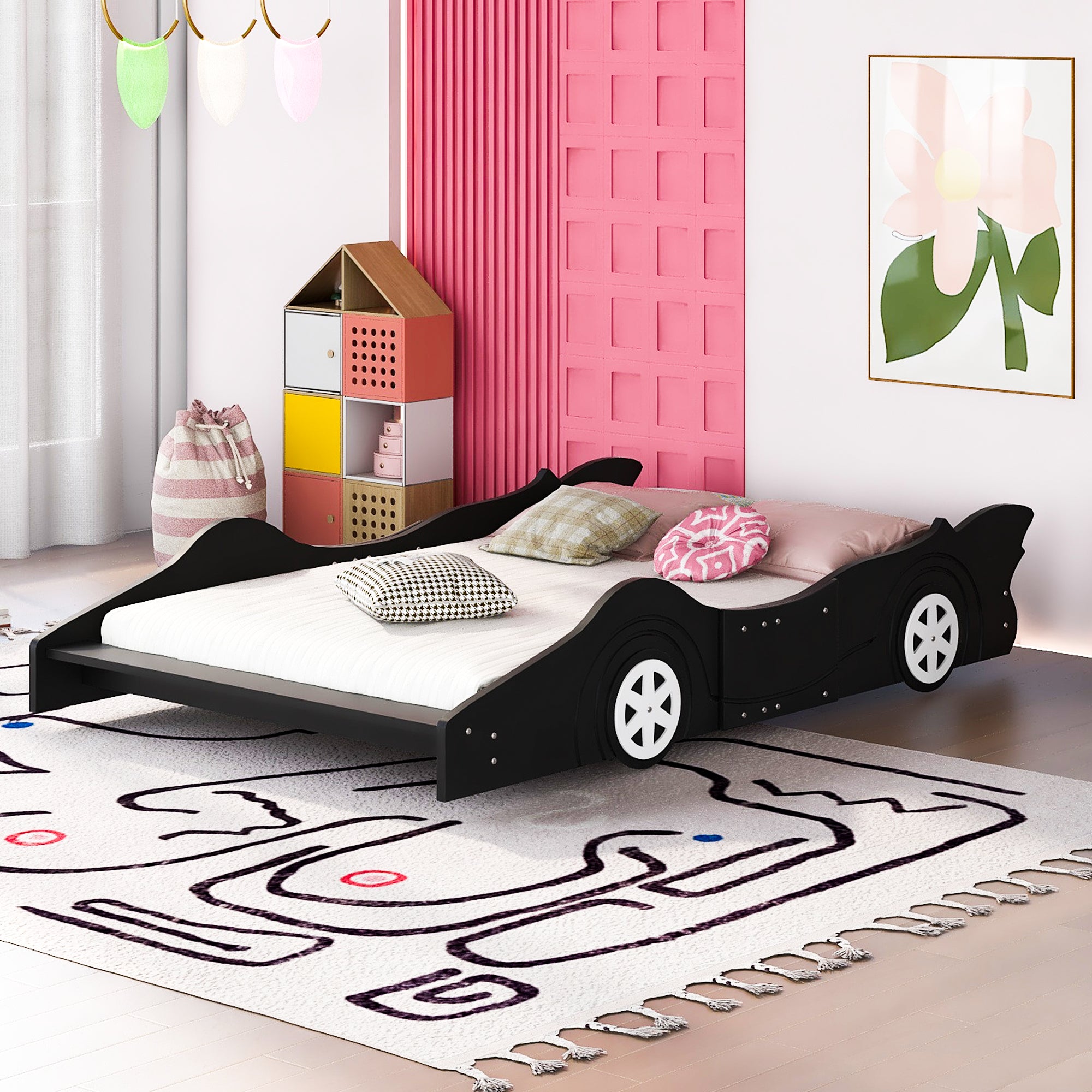 Full Size Race Car Shaped Platform Bed With Wheels,Black Black Plywood