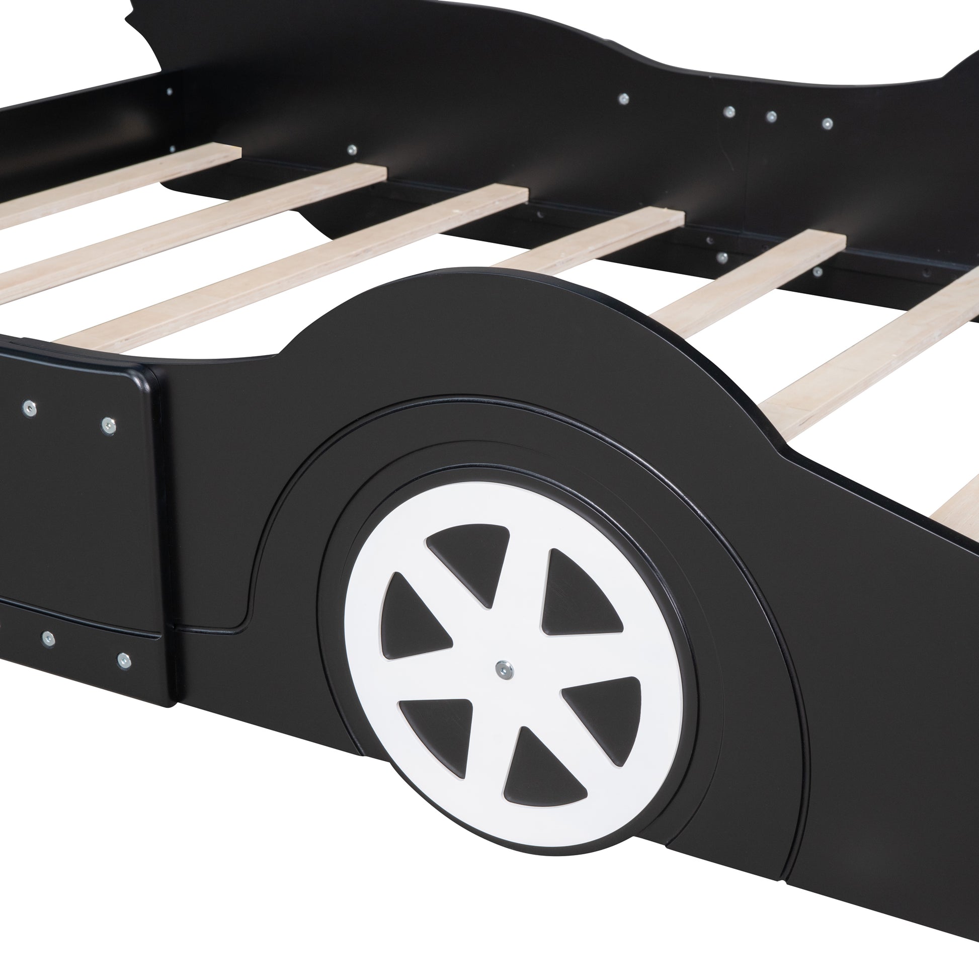 Full Size Race Car Shaped Platform Bed With Wheels,Black Black Plywood