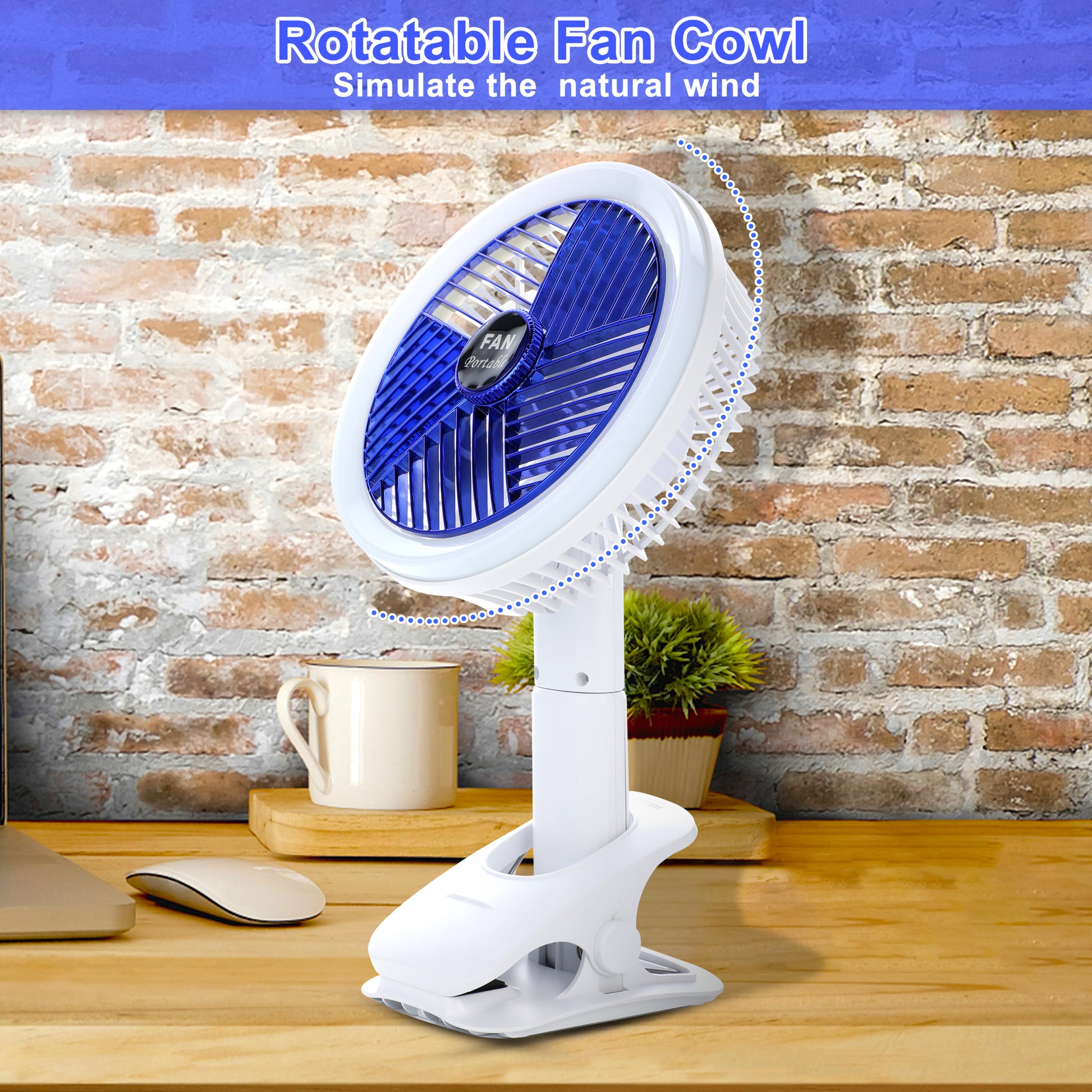 Clip On Fan With Led Lamp, Rechargeable Desk Fan, 4 Speed 360 Rotating Detachable Clamp Fan, Battery Powered Usb Camping Fan Portable For Cart Rv Car Travel Camping Tent Workout Treadmill Bed Desk White Plastic