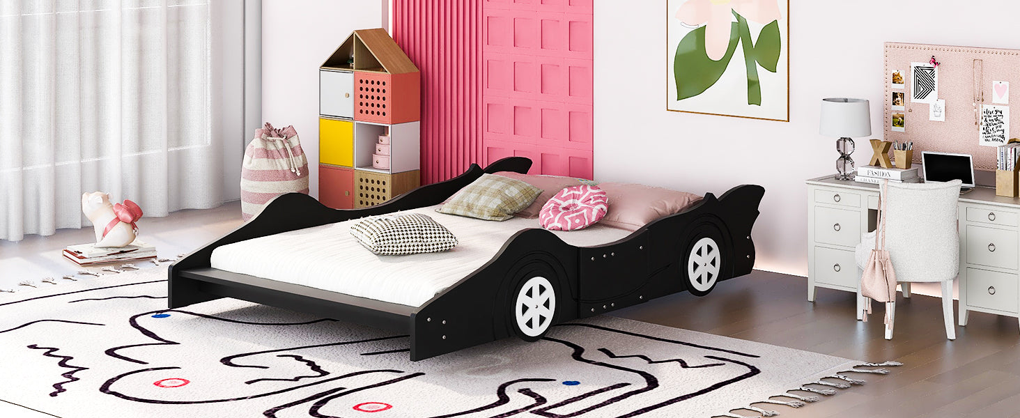 Full Size Race Car Shaped Platform Bed With Wheels,Black Black Plywood