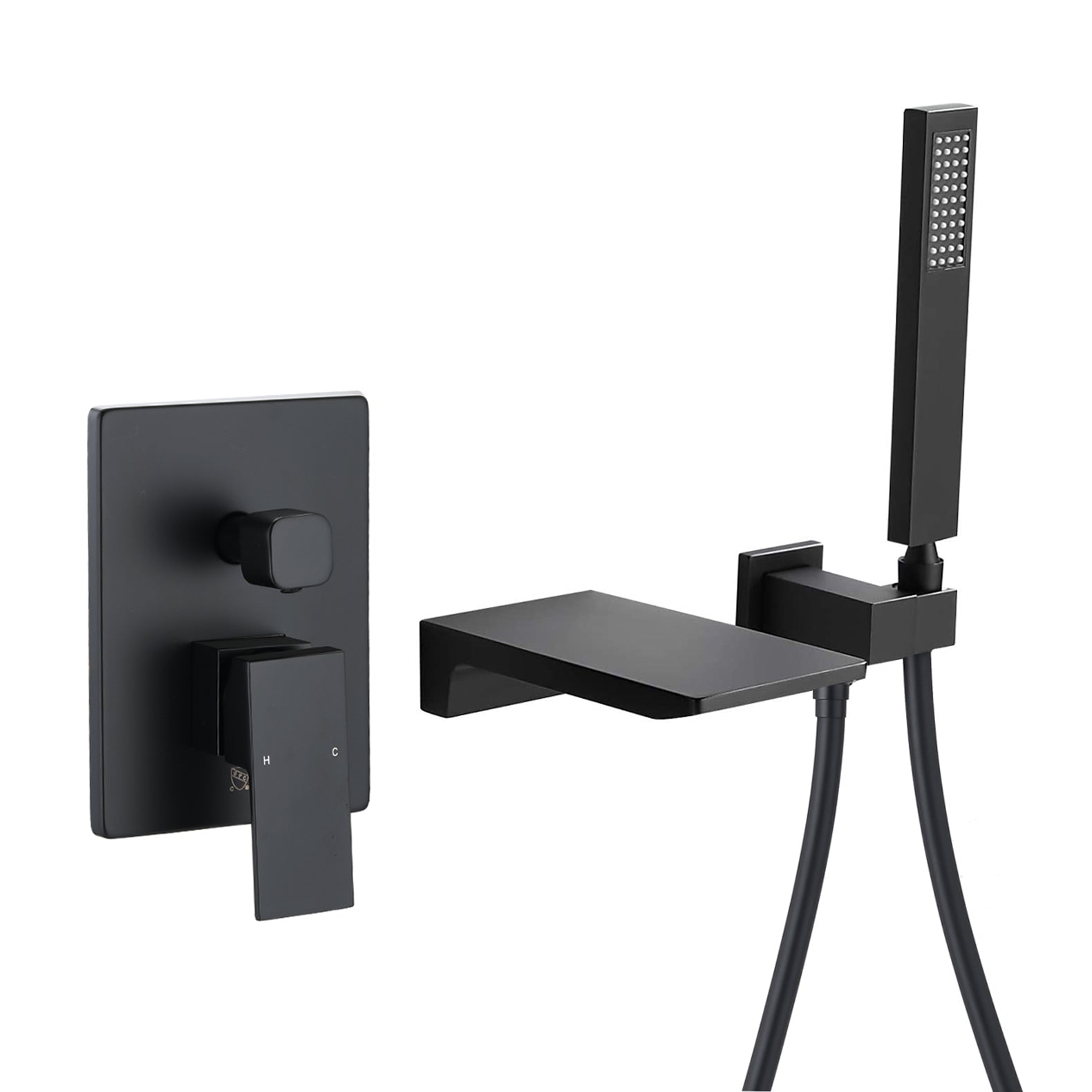 Matte Black Waterfall Wall Mounted Tub Faucet With Hand Shower Matte Black Brass