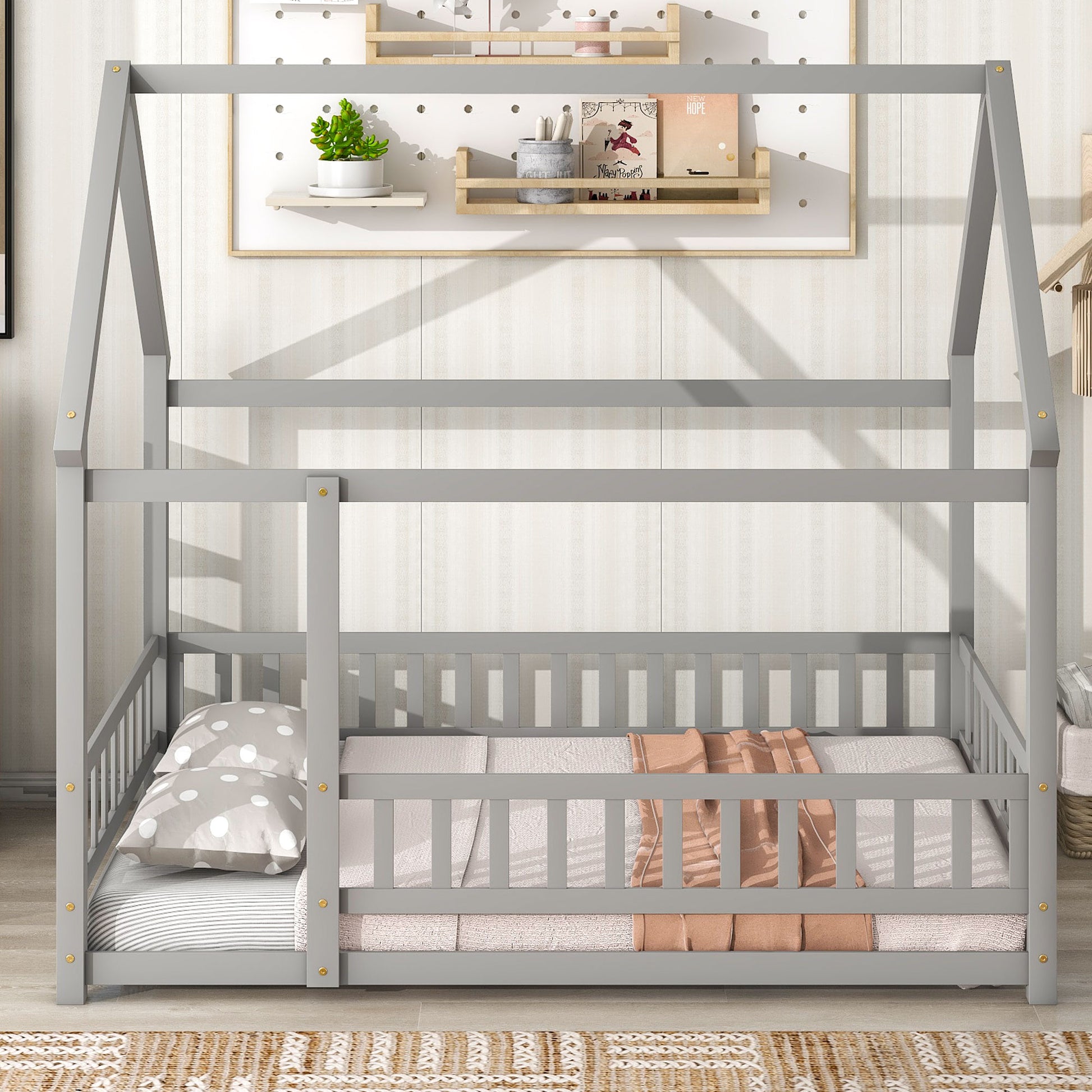 Full Size Floor Wooden Bed With House Roof Frame, Fence Guardrails ,Grey Old Sku:W50471474 Full Grey Pine