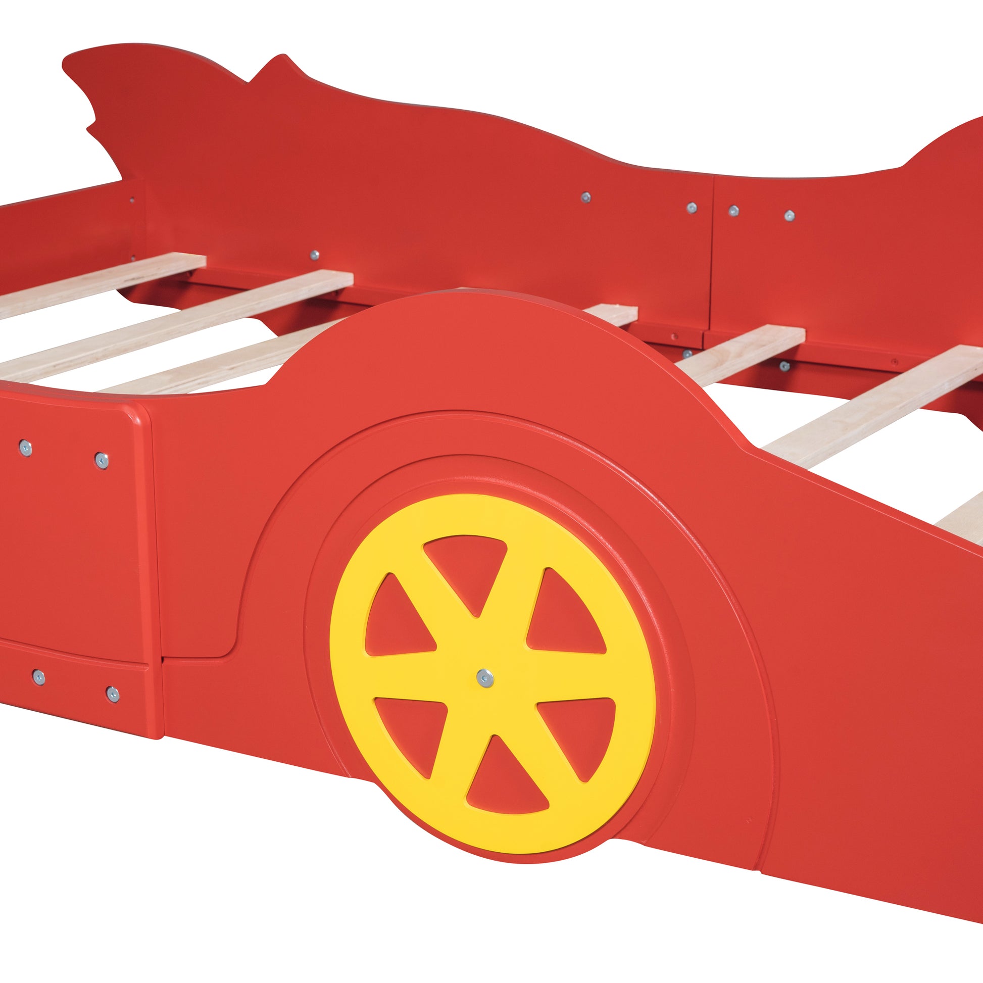 Full Size Race Car Shaped Platform Bed With Wheels,Red Red Plywood