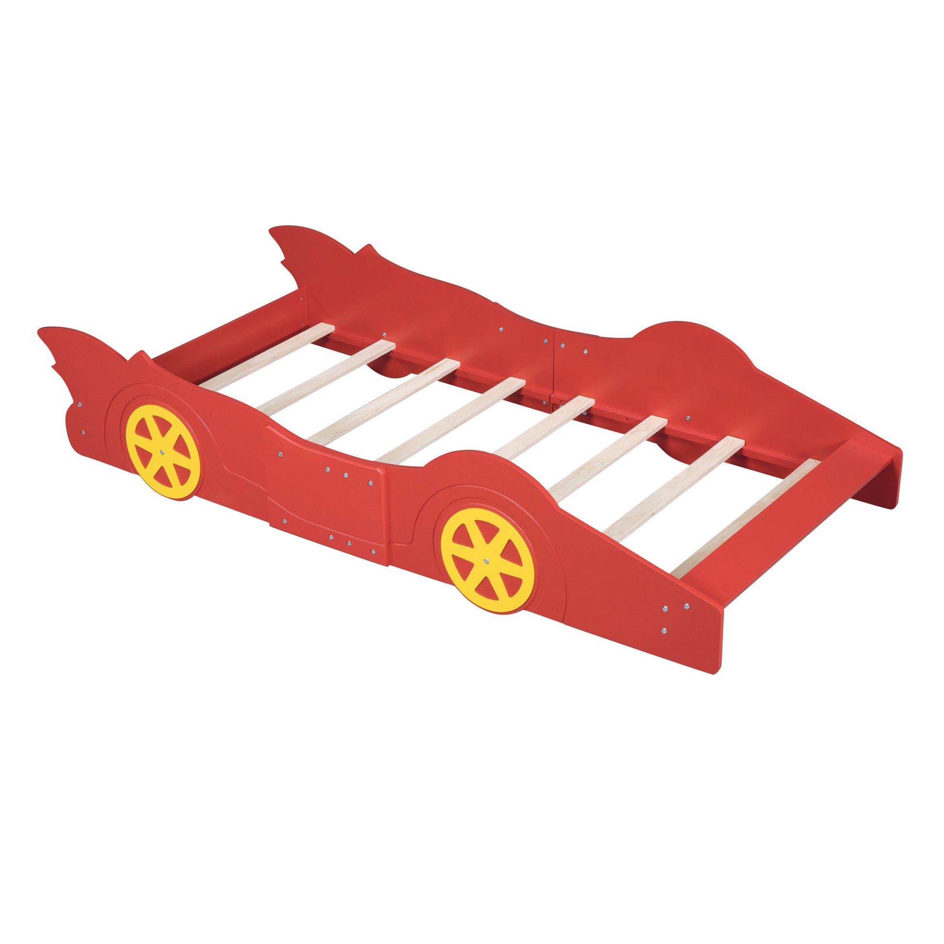 Twin Size Race Car Shaped Platform Bed With Wheels,Red Red Plywood