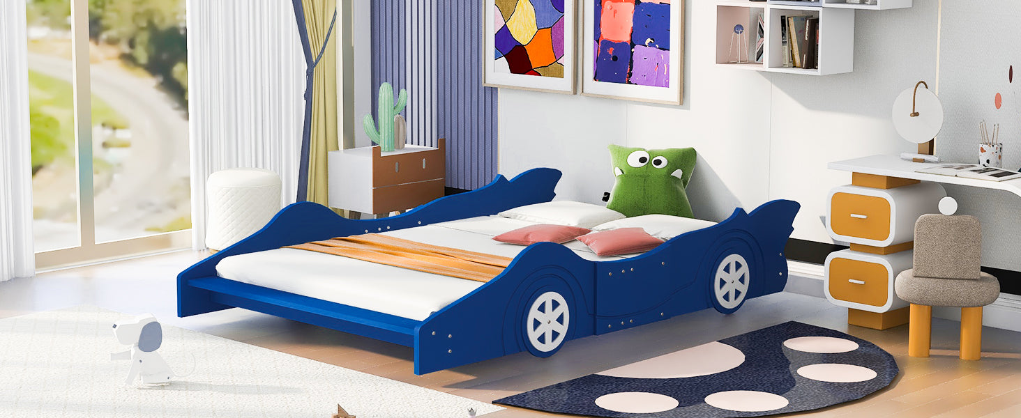 Full Size Race Car Shaped Platform Bed With Wheels,Blue Blue Plywood