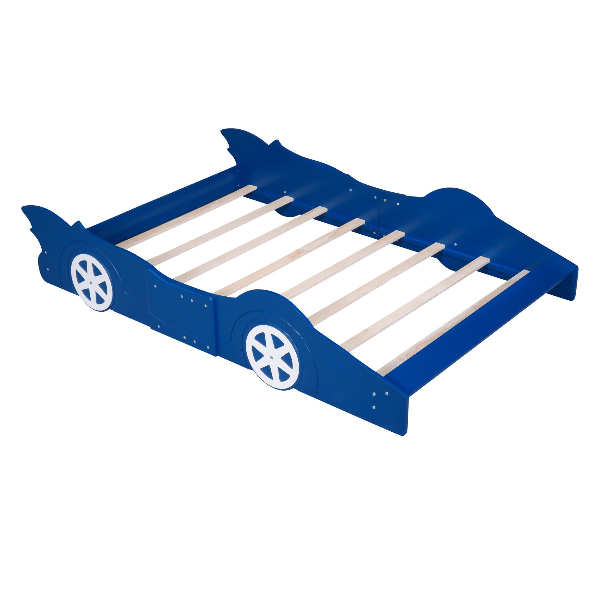 Full Size Race Car Shaped Platform Bed With Wheels,Blue Blue Plywood