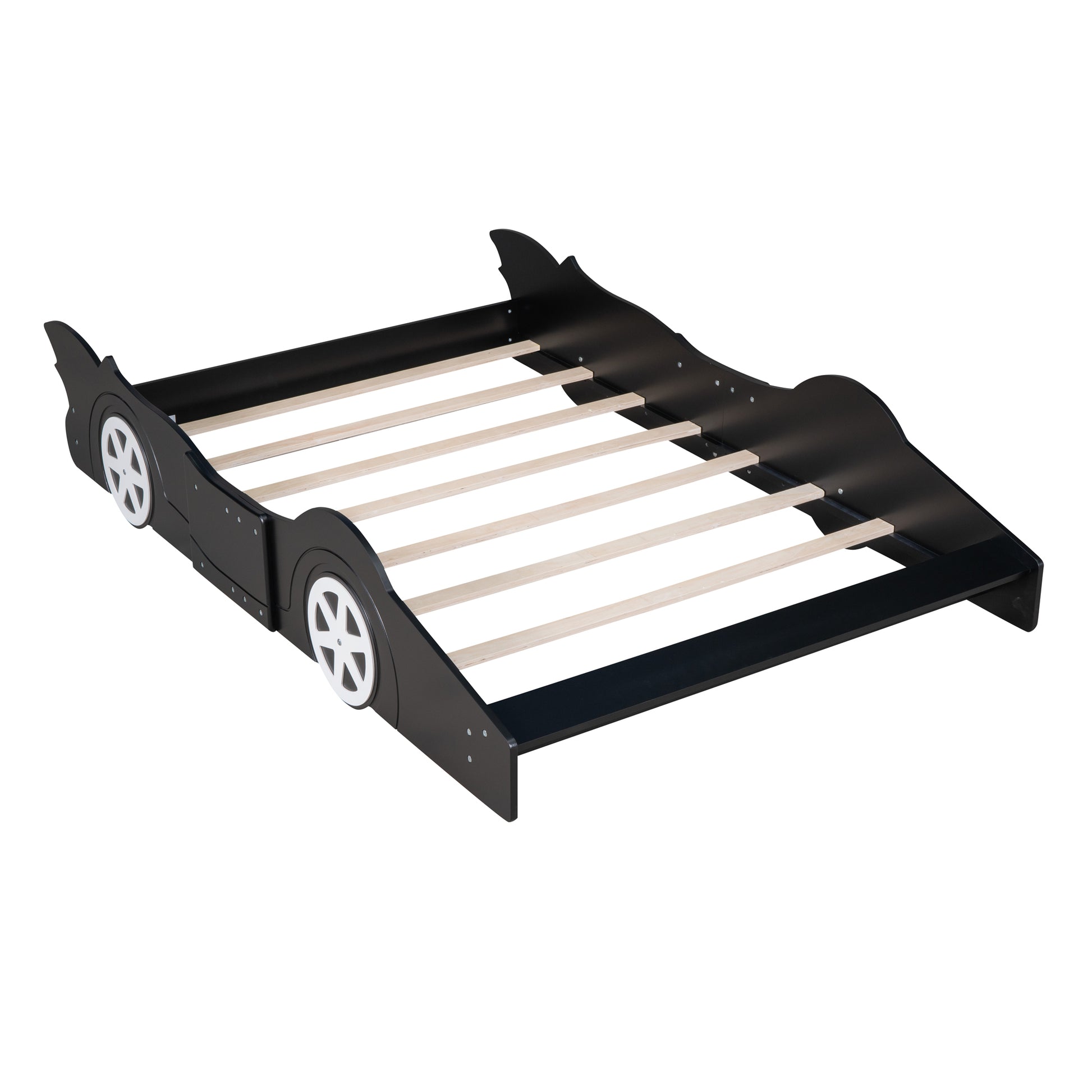 Full Size Race Car Shaped Platform Bed With Wheels,Black Black Plywood