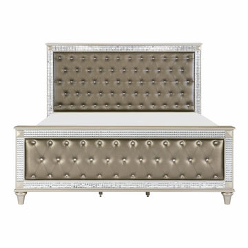 Glamorous Style Champagne Finish Queen Bed 1Pc Upholstered Headboard Footboard Arcylic Crystals Trim Tufting Modern Bedroom Furniture Box Spring Required Queen Champagne Wood Bedroom Glam,Modern Faux Leather Wood