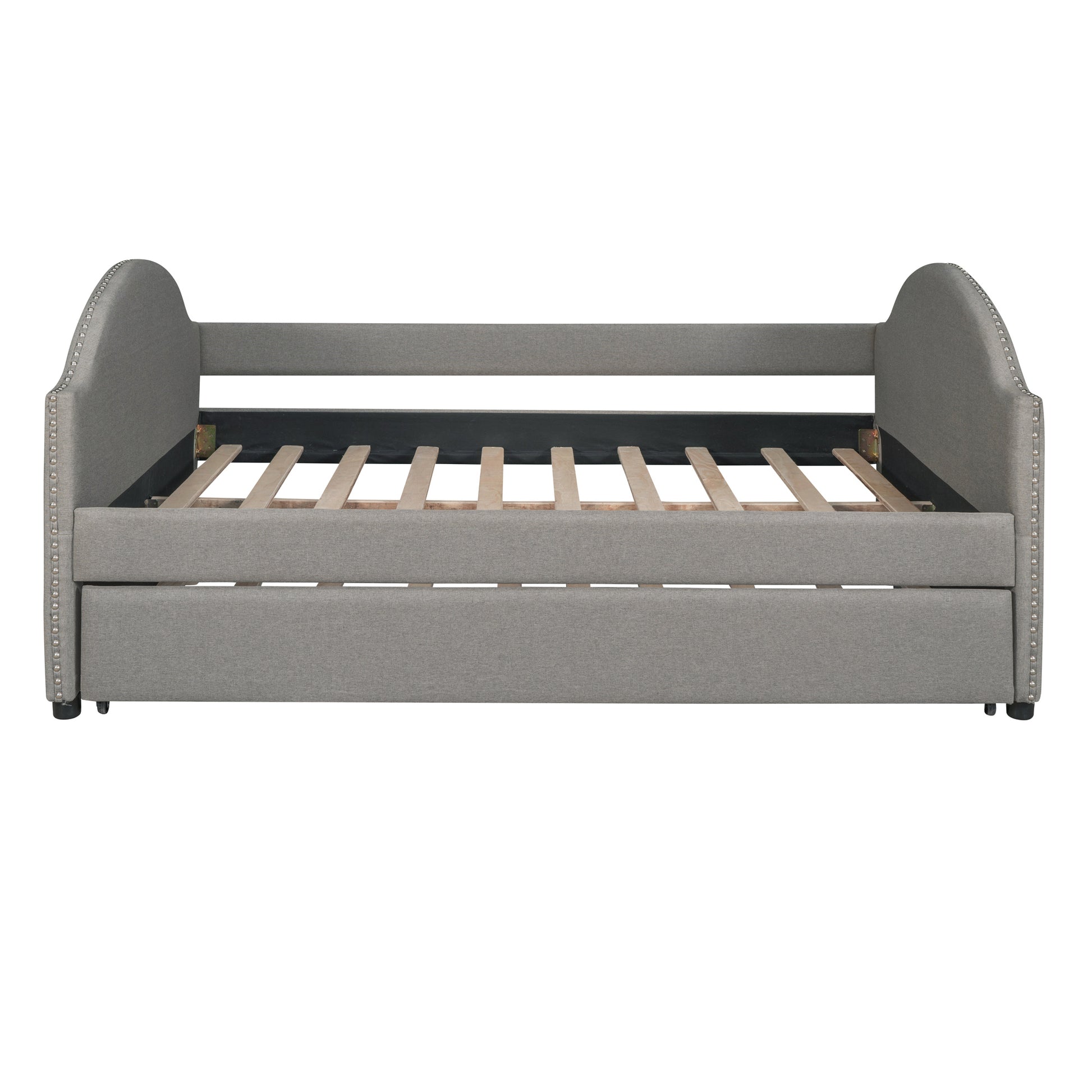 Full Size Upholstered Daybed With Twin Size Trundle, Wood Slat Support, Gray Old Sku :Lp000118Aae Gray Upholstered