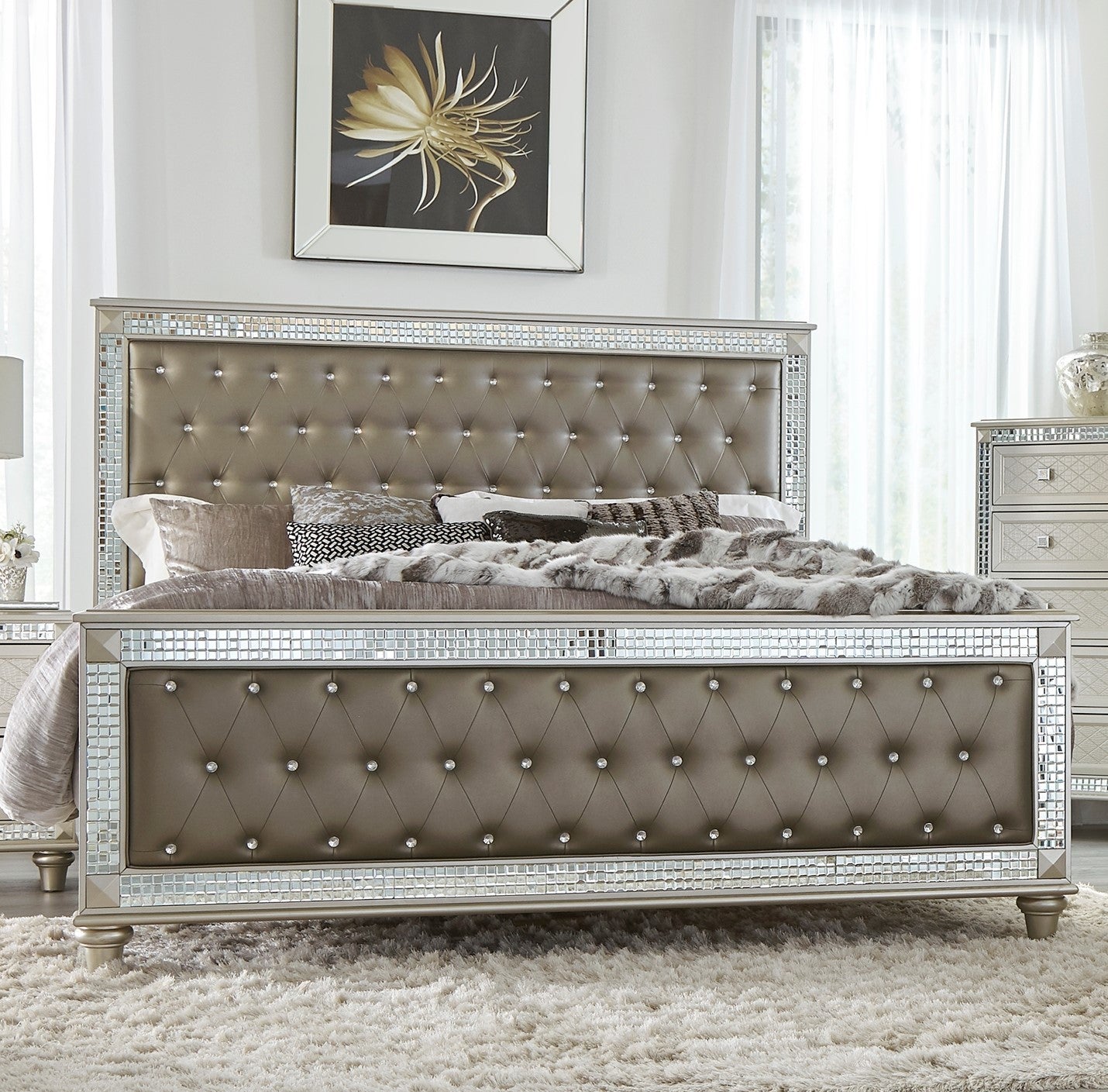 Glamorous Style Champagne Finish Queen Bed 1Pc Upholstered Headboard Footboard Arcylic Crystals Trim Tufting Modern Bedroom Furniture Box Spring Required Queen Champagne Wood Bedroom Glam,Modern Faux Leather Wood