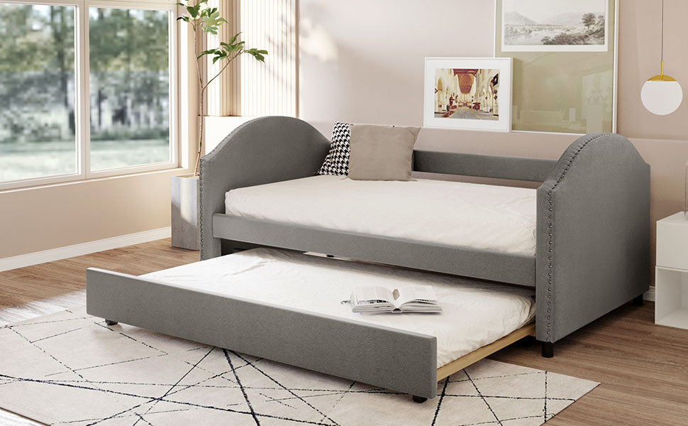 Full Size Upholstered Daybed With Twin Size Trundle, Wood Slat Support, Gray Old Sku :Lp000118Aae Gray Upholstered