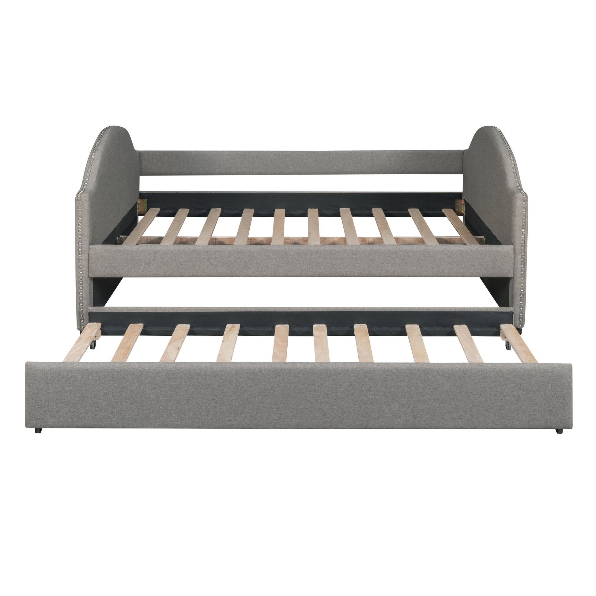 Full Size Upholstered Daybed With Twin Size Trundle, Wood Slat Support, Gray Old Sku :Lp000118Aae Gray Upholstered