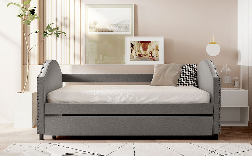 Full Size Upholstered Daybed With Twin Size Trundle, Wood Slat Support, Gray Old Sku :Lp000118Aae Gray Upholstered