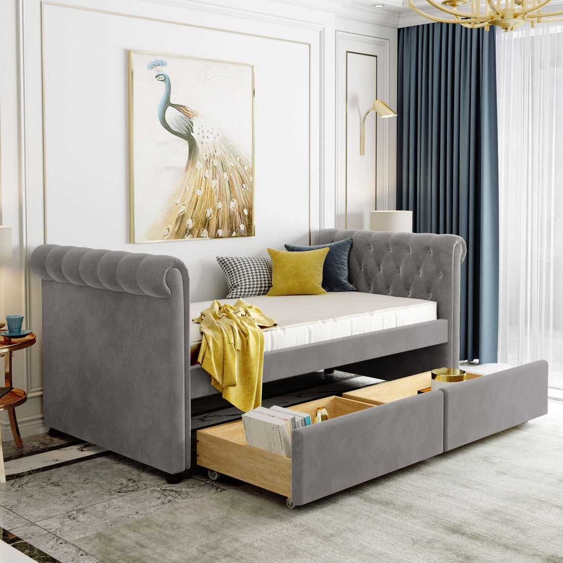 Twin Size Upholstered Daybed With Drawers, Wood Slat Support, Gray Old Sku :Lp000117Aae Twin Gray Upholstered